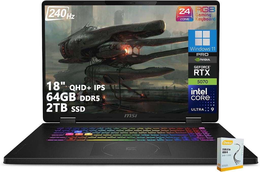 msi Crosshair 18 HX AI Gaming Laptop | 18' QHD+ IPS 240Hz | Intel Core Ultra 9 275HX | 64GB DDR5 2TB SSD | GeForce RTX 5070 (Up to 798 AI Tops) | RGB Backlit Thunderbolt 4 Win11 Pro w/DLCA Accessory