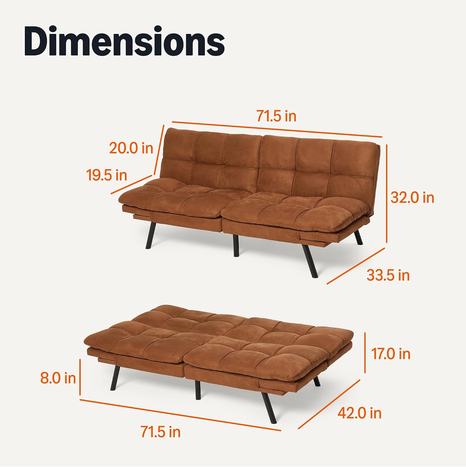 Amazon Basics Convertible Loveseat Sofa Bed with Memory Foam, Adjustable Positions, Linen Fabric, Modern Sleeper for Small Living Room, Office, Apartment, Brown
