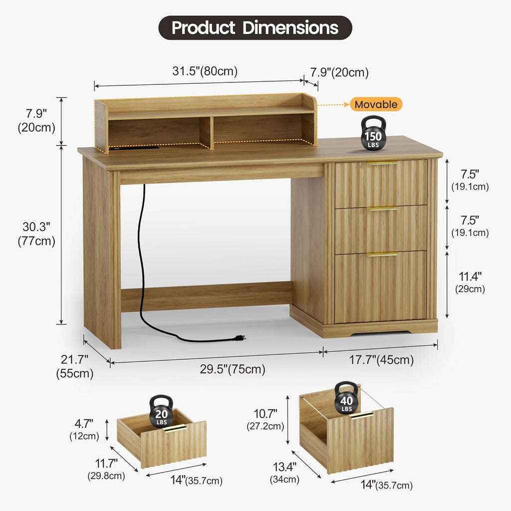 Lareth Computer Desk with Monitor Stand, 47 inch Home Office Desk with RGB LED Lights and Power Outlets, Writing Desk with Storage File Drawer for Working Gaming Writing, Wood