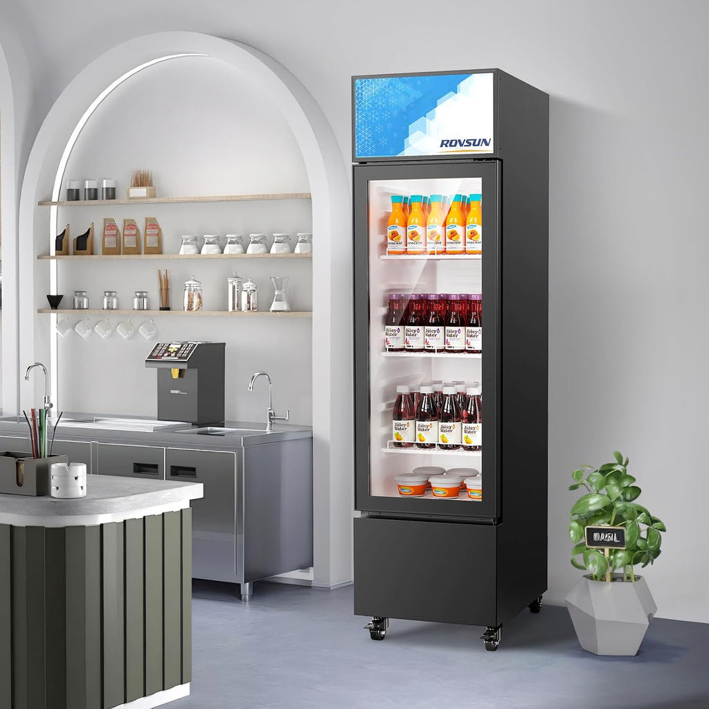 ROVSUN 6 Cu.Ft Commercial Beverage Refrigerator ETL NSF, Slim Merchandiser Refrigerator Display Refrigerator Beverage Cooler Glass Door Fridge w/Adjustable Shelves LED Light for Bar Restaurant Cafe
