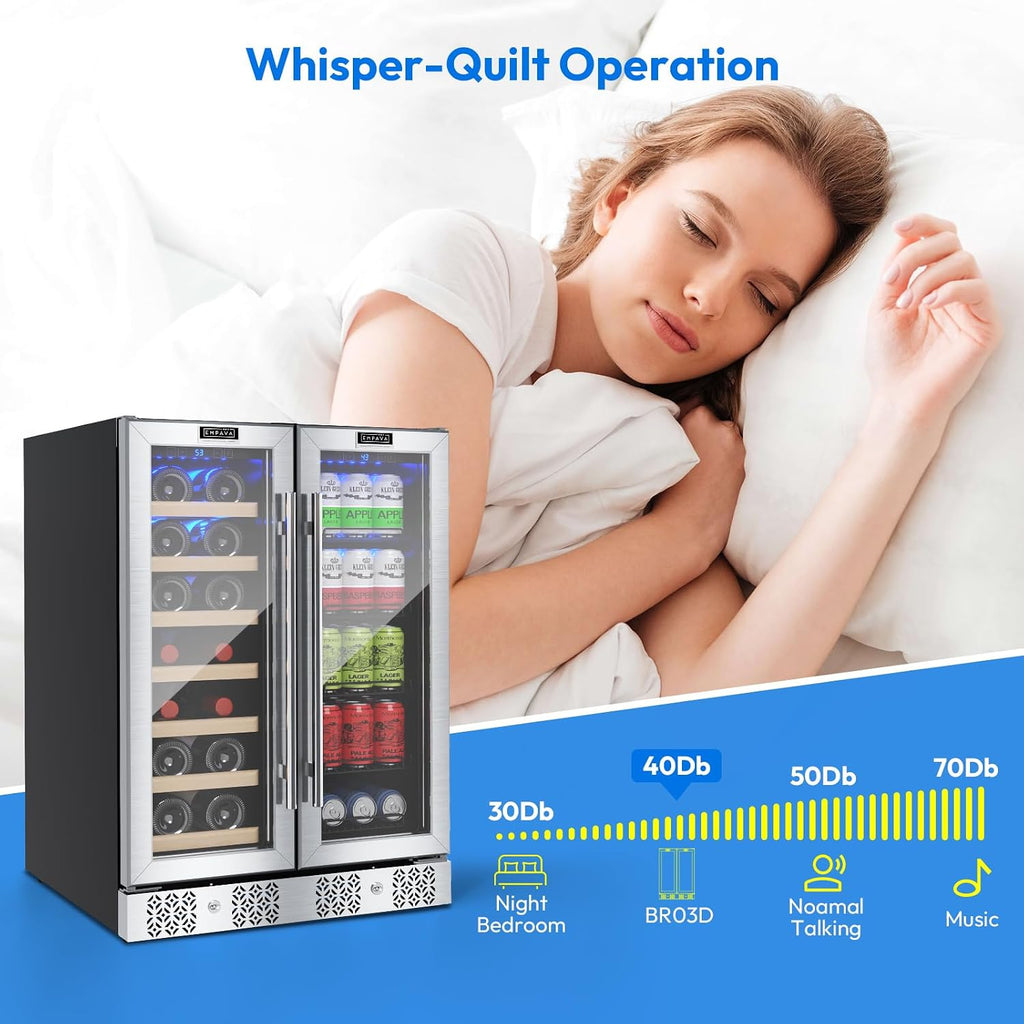 Empava 24' Dual Zone Wine and Beverage Refrigerator Cooler, Freestanding or Under Counter Fridge Chiller with LED Light, 78 Cans and 20 Bottles Capacity, Touch Control, Stainless Steel
