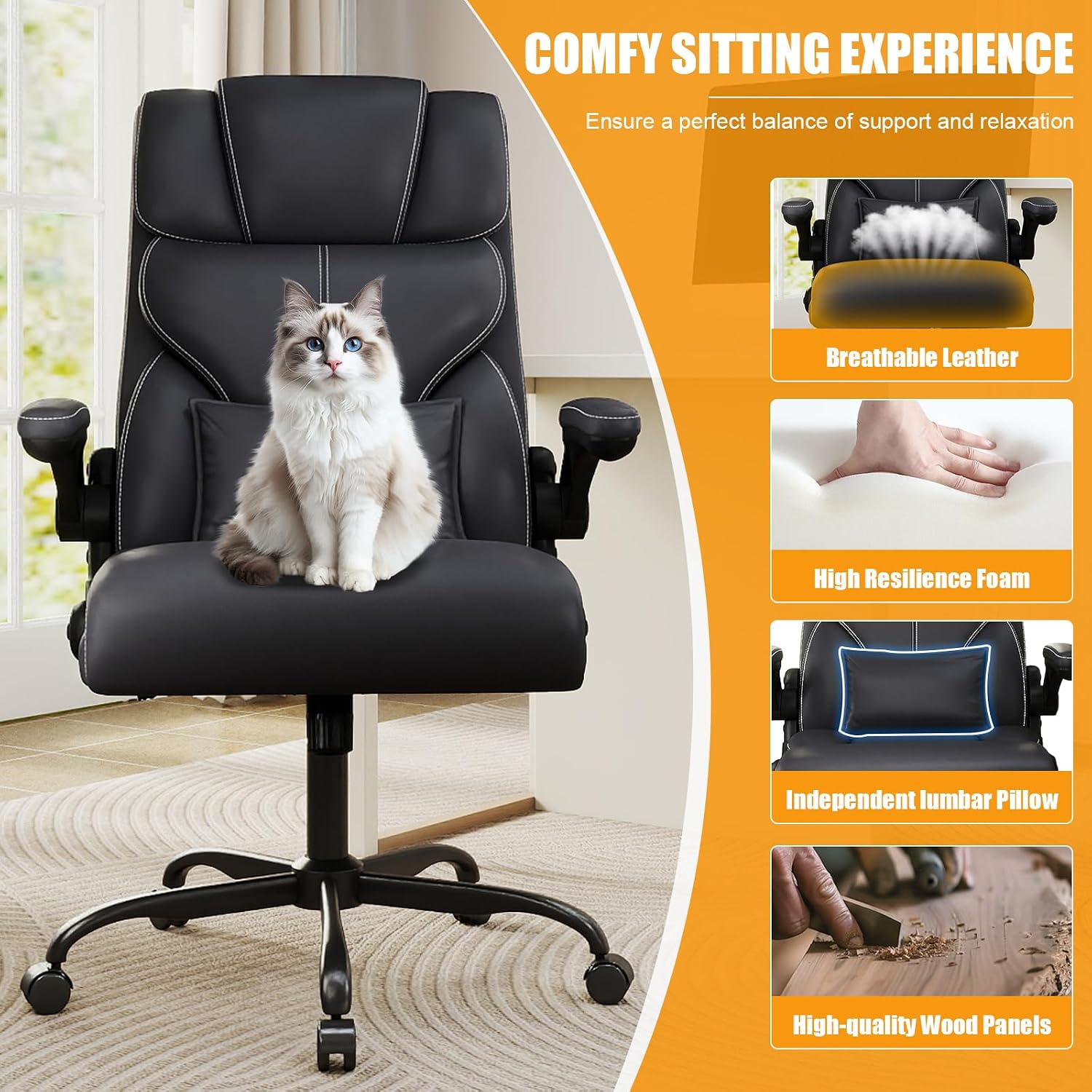 Executive Office Chair with Flip-up Armrests,Ergonomic Computer Desk Chairs,Mid-Tall Back Leather Office Chair 400 Lbs,Lumbar Support Swivel PC Chair with Rocking Function