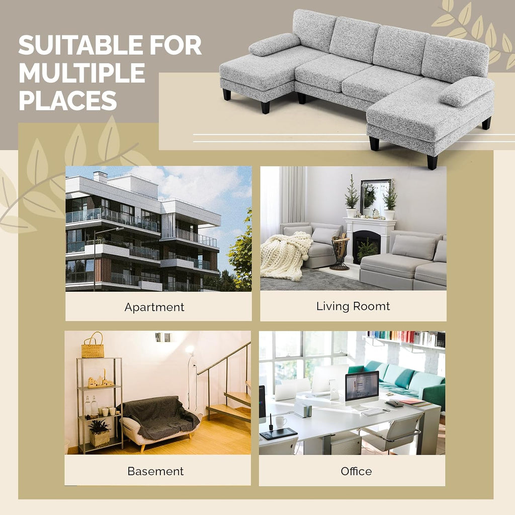 VINGLI 110' U-Shaped Sectional Couch with Two Chaise, Affordable Small Sofa with 4 Seats, Chenille Fabric Comfy Couches for Living Room, Light Grey