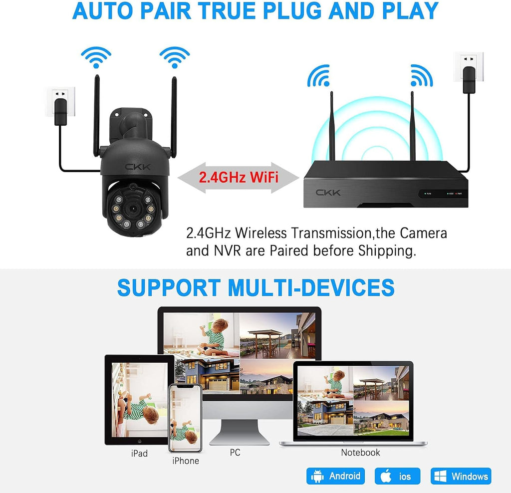 Wireless Security Camera System, 4pcs 3MP PTZ Cameras Outdoor Indoor, CKK WiFi Surveillance NVR System with Floodlights & Siren Alarm, 2 Way Audio, 24/7 Record, Expandable 10CH, No HDD