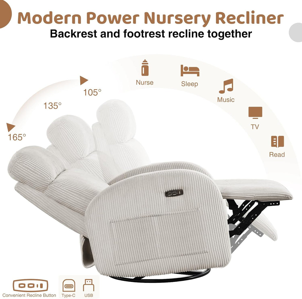 Power Swivel Rocker Recliner Nursery Glider Recliner, Swivel Glider Recliner with USB & Type-C Port, Reclining Nursery Rocker with Double Pockets for Living Room, Camel, Corduroy
