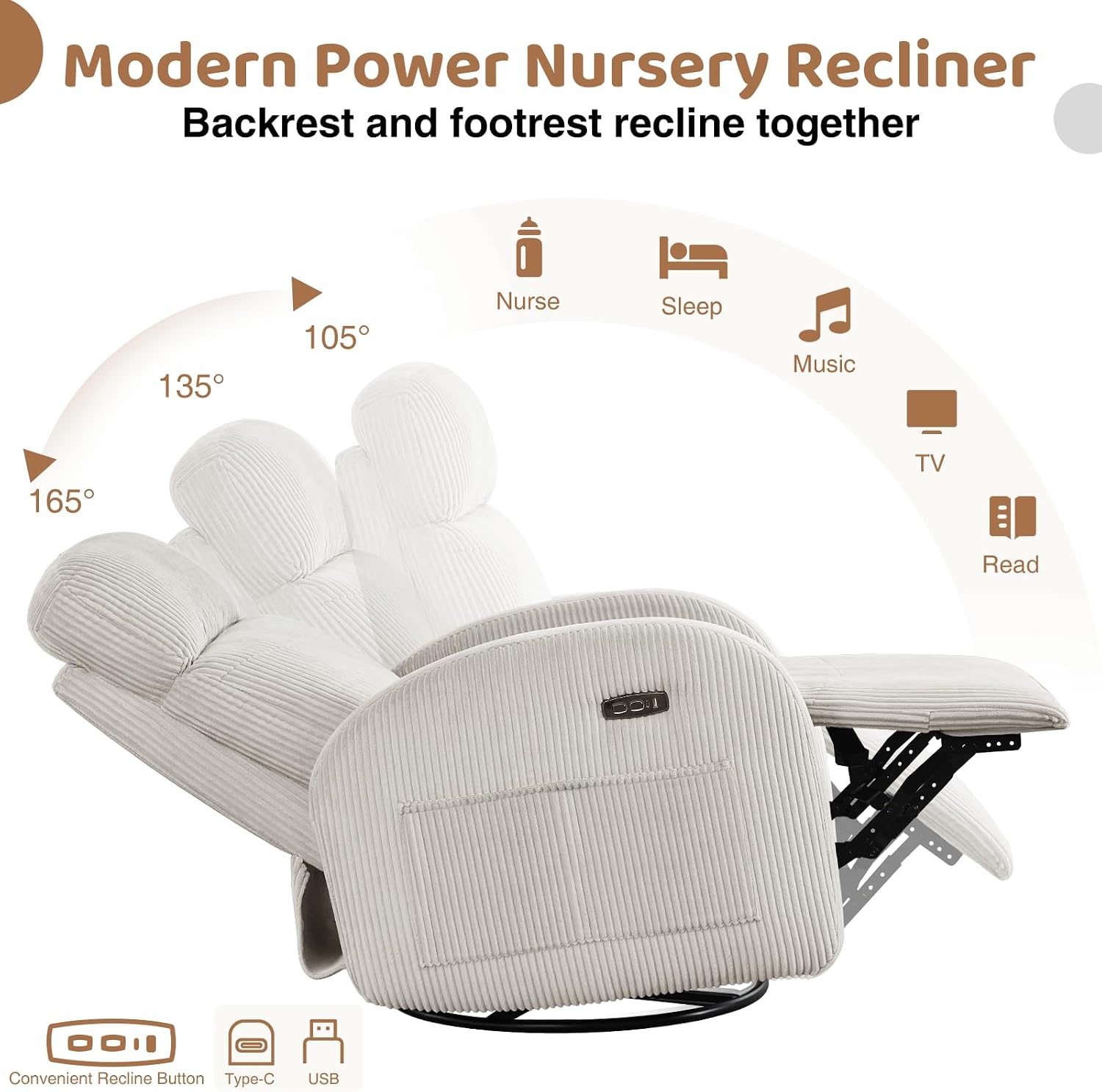 Power Swivel Rocker Recliner Nursery Glider Recliner, Swivel Glider Recliner with USB & Type-C Port, Reclining Nursery Rocker with Double Pockets for Living Room, Camel, Corduroy