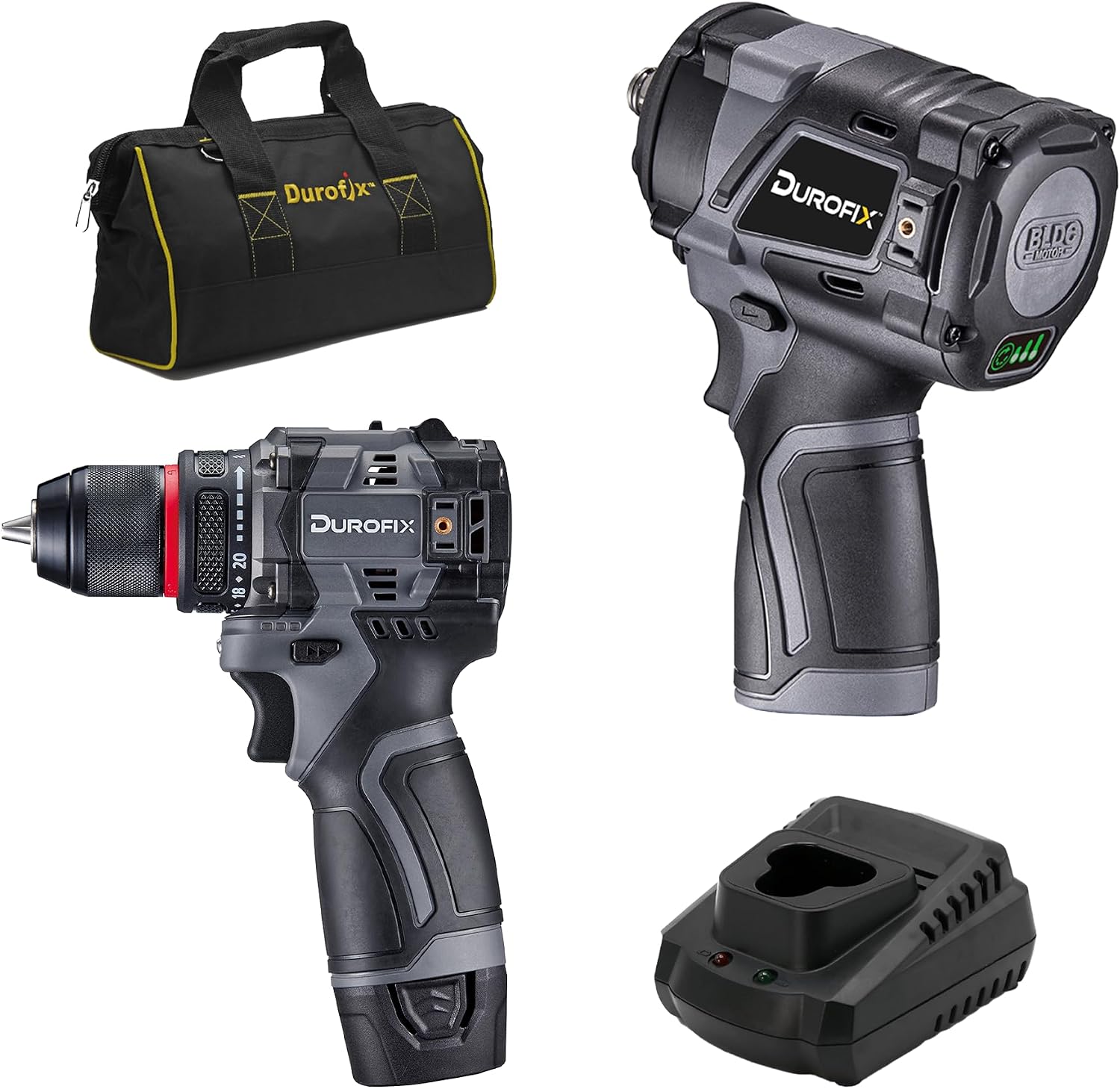 Durofix G12 Series RK12136-2-K8 12V Cordless 3/8' Hammer Drill Power Tool Combo Kit with 1/2' Drive Impact Wrench, 1 Battery & Charger