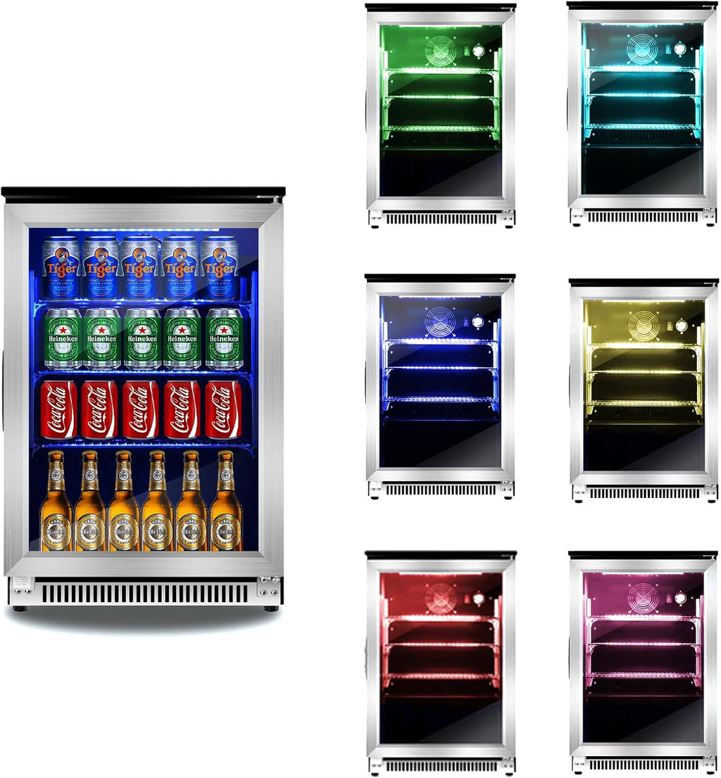 20.1 Inch Built-in Beverage Refrigerator with 7-Color LED Light, Compact 120 Can Under Counter or Freestanding Stainless Steel Drink Cooler Fridge with Glass Door for Soda & Beer