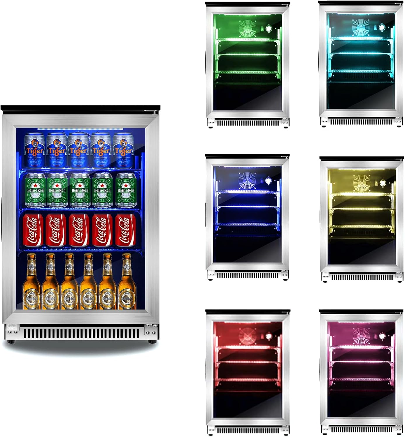 20.1 Inch Built-in Beverage Refrigerator with 7-Color LED Light, Compact 120 Can Under Counter or Freestanding Stainless Steel Drink Cooler Fridge with Glass Door for Soda & Beer