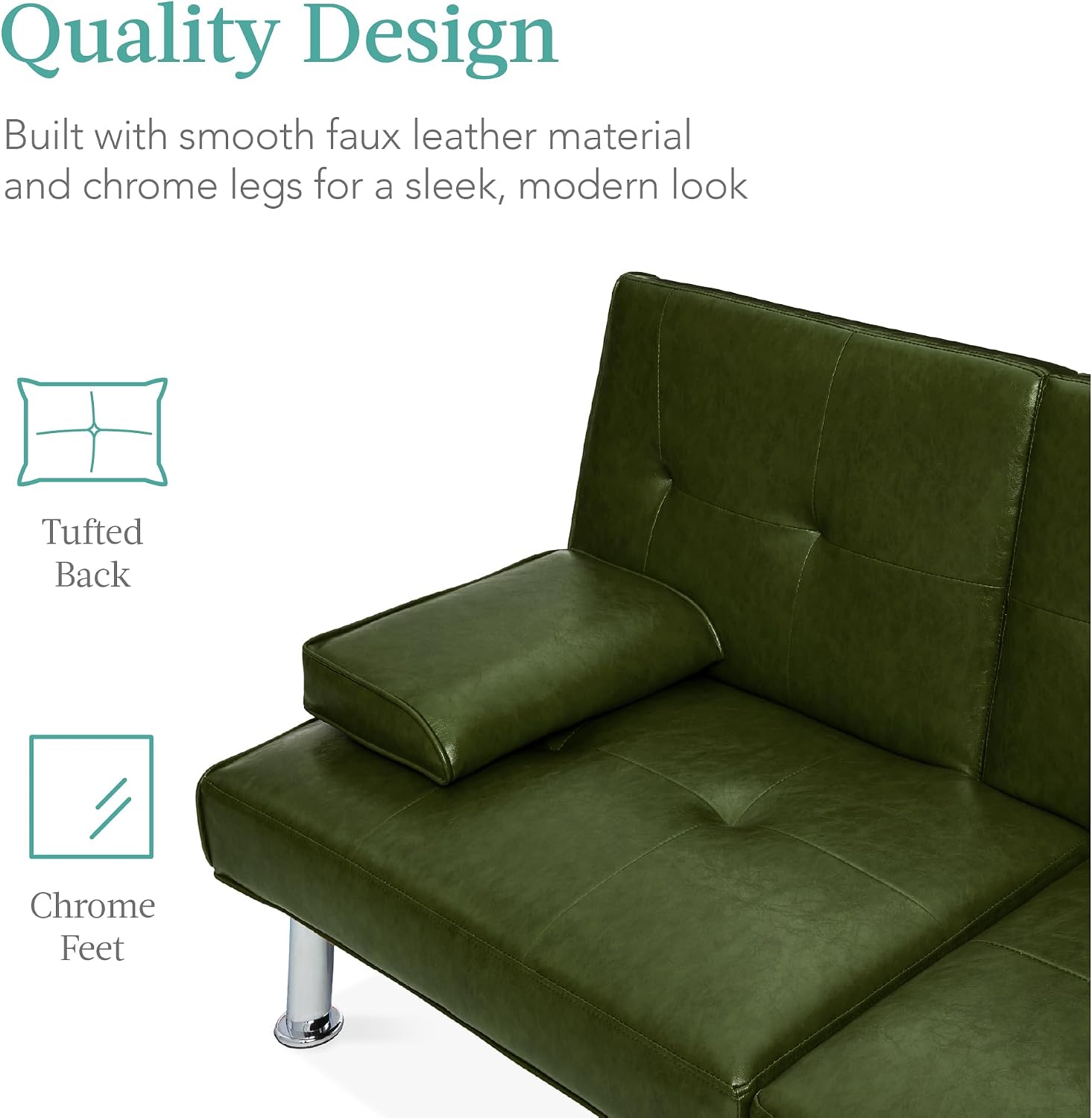 Best Choice Products Faux Leather Upholstered Modern Convertible Futon, Adjustable Folding Sofa Bed, Guest Bed w/Removable Armrests - Dark Green