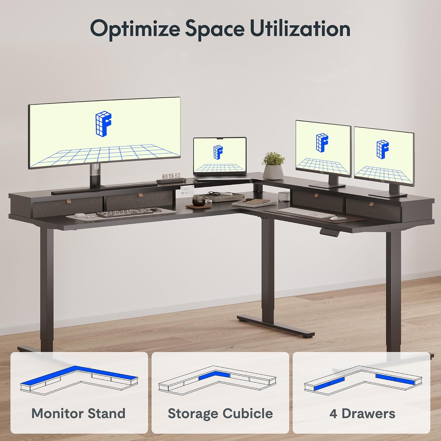 FLEXISPOT 63' L Shaped Standing Desk Electric Corner Table with Monitor Shelf, 4 Storage Drawers, Adjustable Computer Workstation for Home, Office, Game, Studio, Black Top + Black Frame