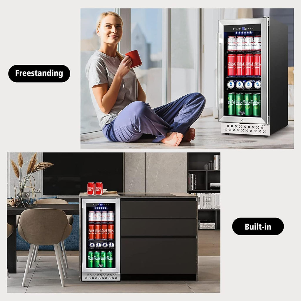Tylza 15 Inch Beverage Refrigerator, 130 Cans Quiet Beverage Fridge, 15'' Beverage Cooler Under Counter with Glass Door and Lock for Built-in or Freestanding With Temperature Memory Function TYBC100