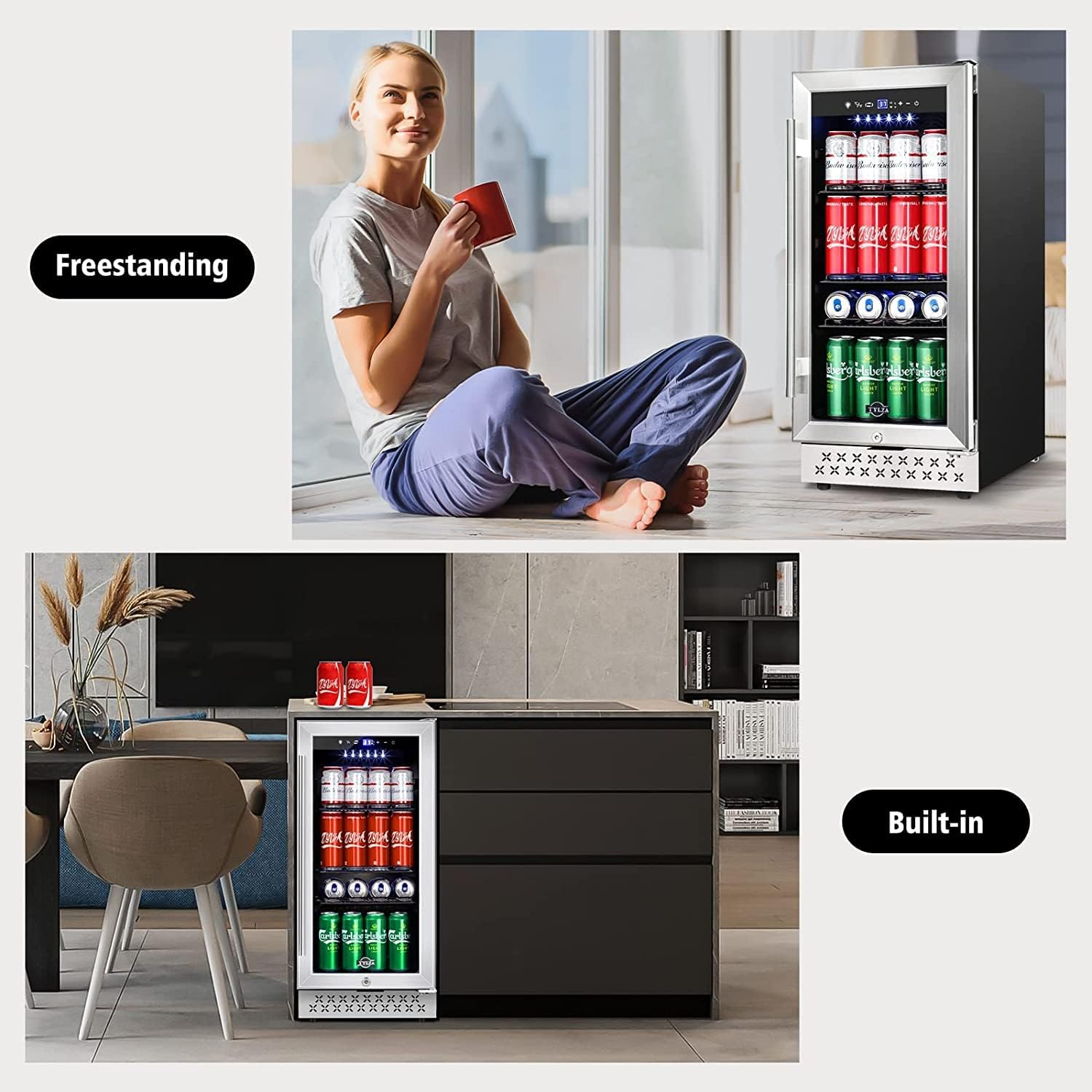 Tylza 15 Inch Beverage Refrigerator, 130 Cans Quiet Beverage Fridge, 15'' Beverage Cooler Under Counter with Glass Door and Lock for Built-in or Freestanding With Temperature Memory Function TYBC100