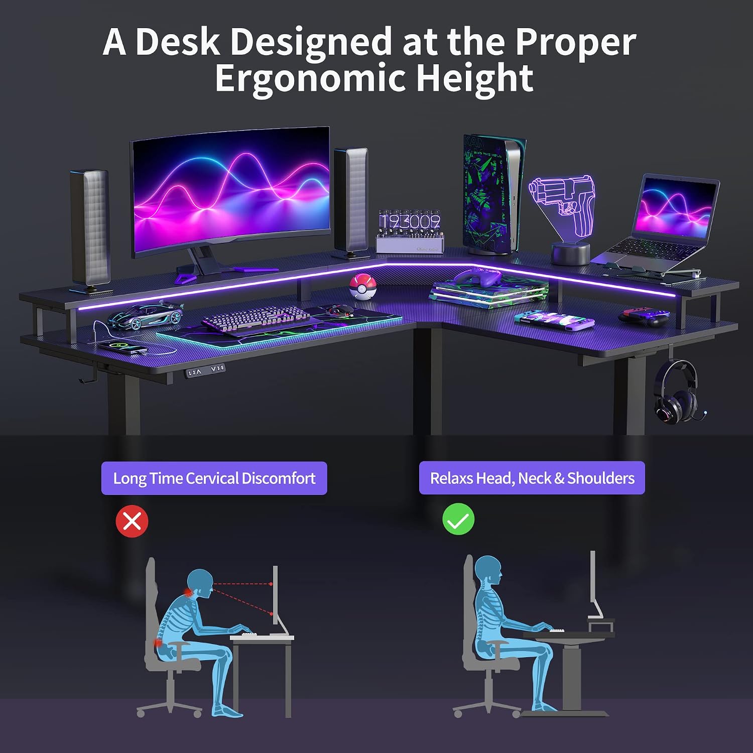 FEZIBO 63'x49' L Shaped Standing Desk with LED Strip & Power Outlets, Height Adjustable Sit Stand Corner Computer Desk with Ergonomic Monitor Stand, Black Top/Black Frame