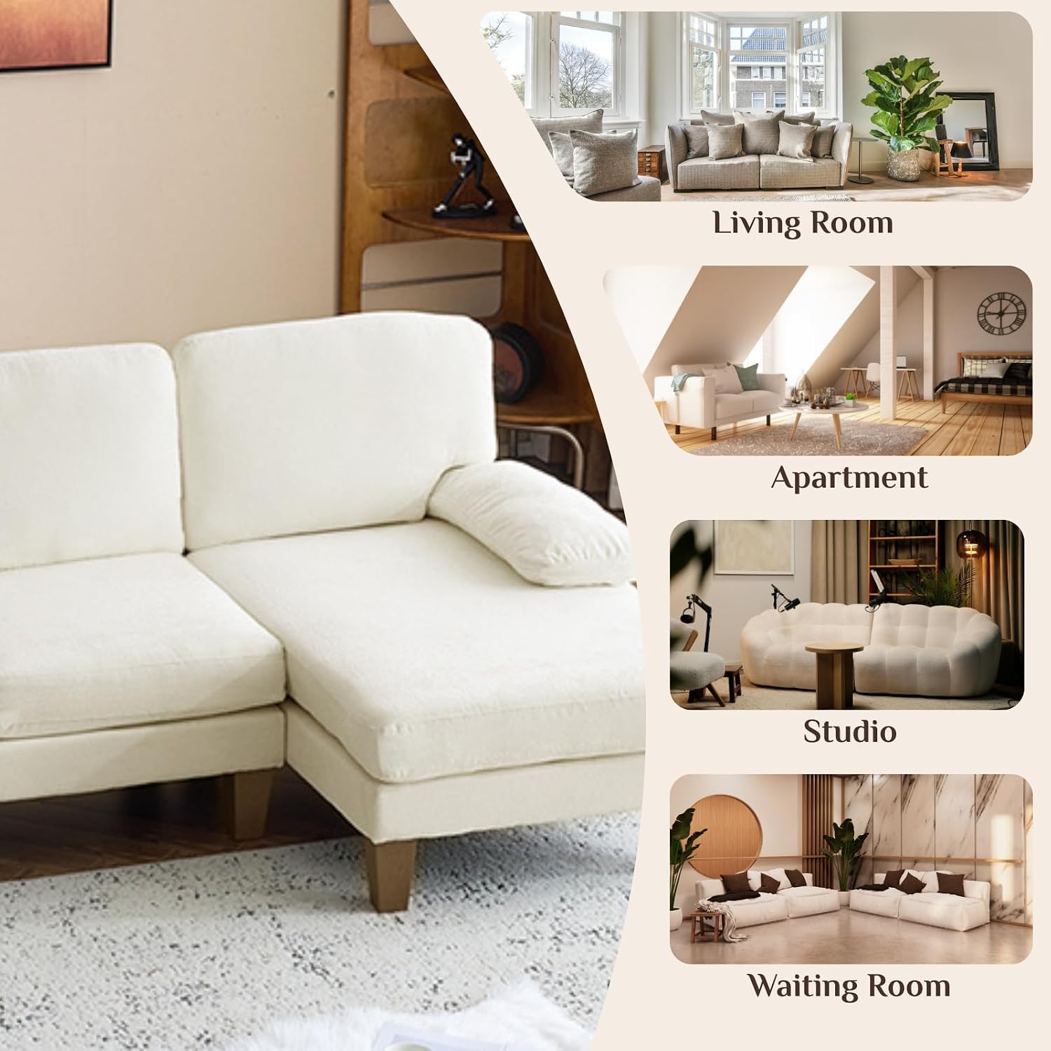 Karl home 111' Sectional Sofa U-Shaped 4-Seat Couch with Chaises Wood Grian Legs Chenille Fabric Upholstered for Living Room, Apartment, Office, Beige