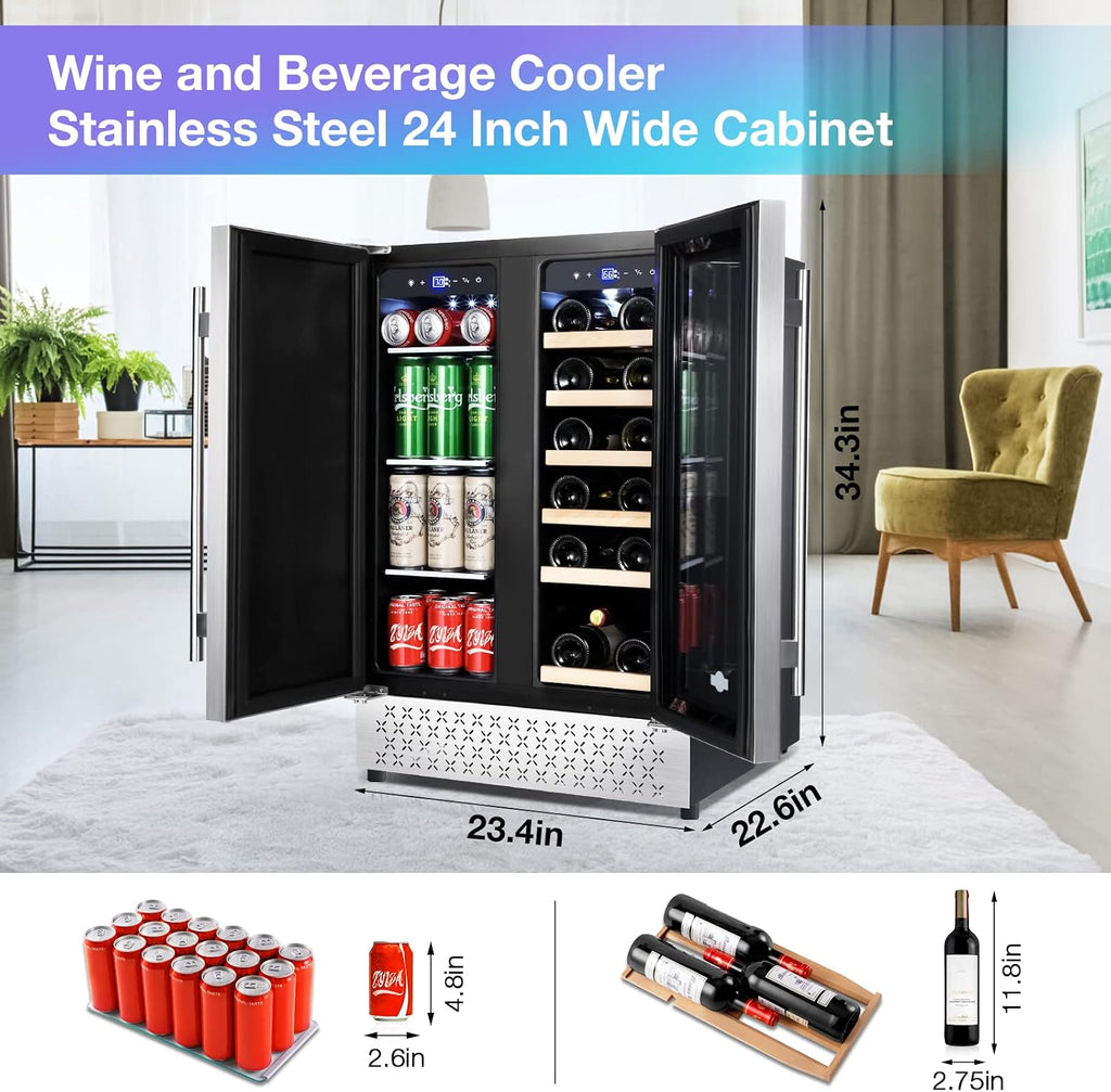 Tylza Wine and Beverage Refrigerator, 24 Inch Dual Zone Wine Beverage Cooler, Holds 20 Bottles and 88 Cans, Built-In and Freestanding, Seamless Glass Door, Under Counter Beer Wine Refrigerator