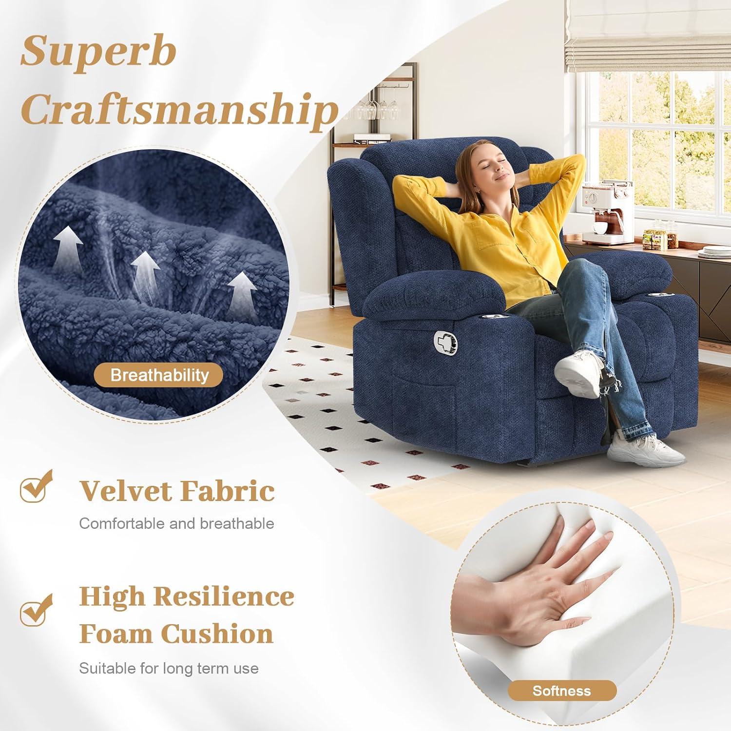 FURNIMAT Recliner Chair, Oversized Manual Reclining Chair for Adults, Single Reclining Sofa with Cup Holder & Pocket, Lounge Recliner for Living Room Home Theater Seating RV Chairs