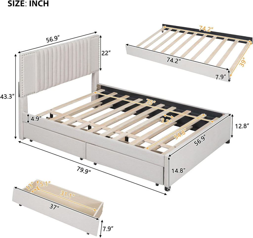 DNYN Full Size Upholstered Platform Bed with Trundle(Twin) & 2 Drawers for Kids Bedroom,Wooden Linen Fabric Bedframe w/Storage & Classic Heardboard,No Box Spring Needed, Beige