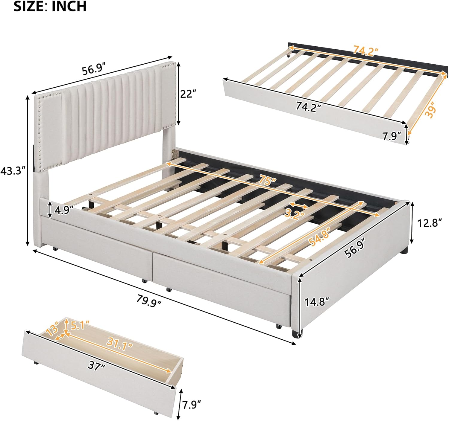 DNYN Full Size Upholstered Platform Bed with Trundle(Twin) & 2 Drawers for Kids Bedroom,Wooden Linen Fabric Bedframe w/Storage & Classic Heardboard,No Box Spring Needed, Beige