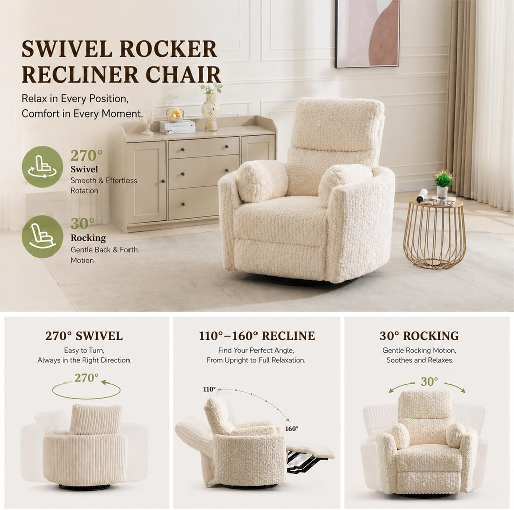 Nursery Rocking Chair, Boucle Upholstery Recliner with 2 Pillow, Swivel Glider Reclinerr, Power Reclining Sofa Chair for Living Room/Office/Apartment/Off-White