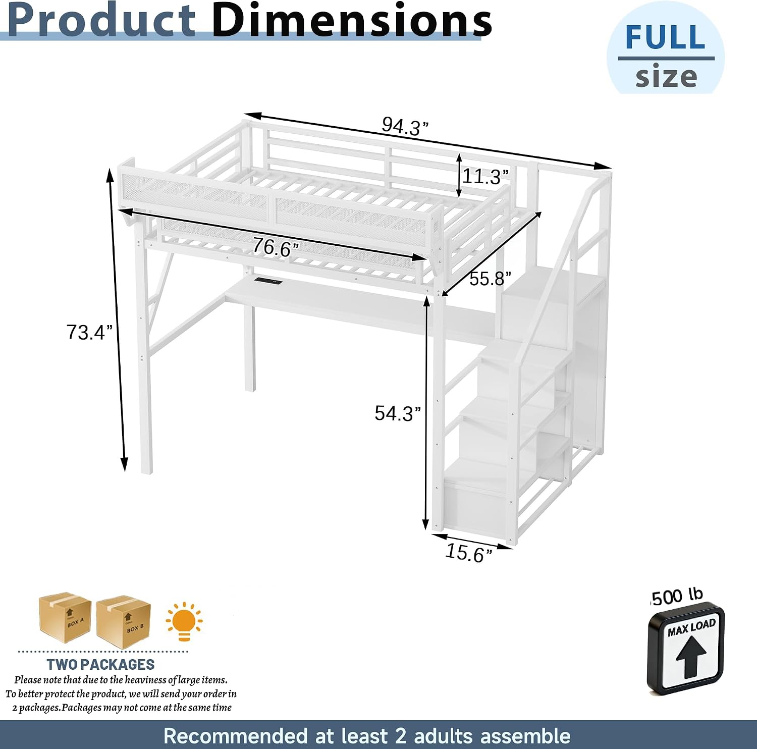 Full Size Loft Bed with Stairs and Desk, Metal Gaming Loft Bed Frame with Bedside Shelf and Light, Heavy-Duty Adults Lofts Beds with Storage Wardrobe & Charging Station, White