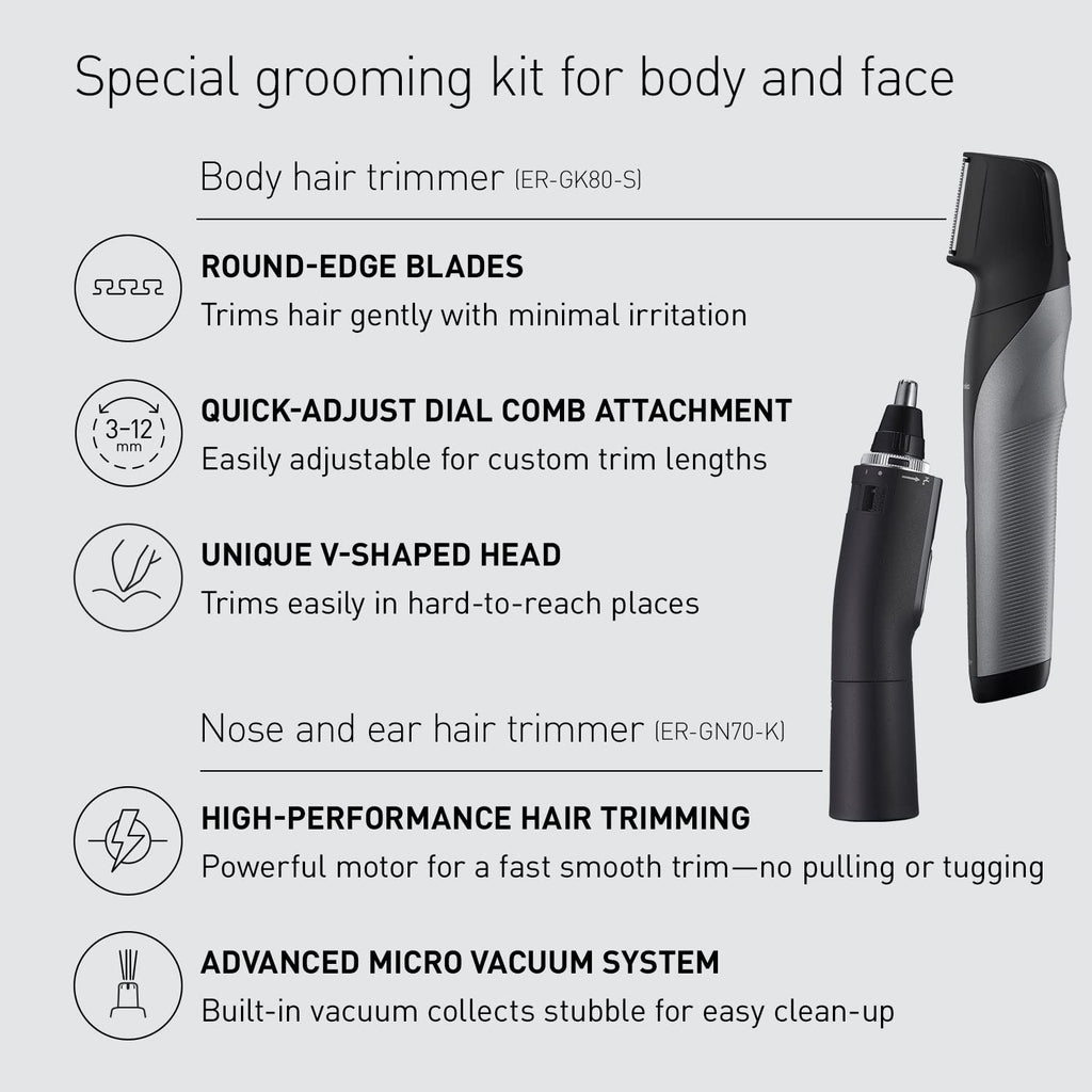 Panasonic Grooming Kit for Body and Face, ER-GK80-S + ER-GN70-K Bundle, Wet/Dry Electric Body Hair Trimmer Plus Ear and Nose Hair Trimmer with Vacuum Cleaning System