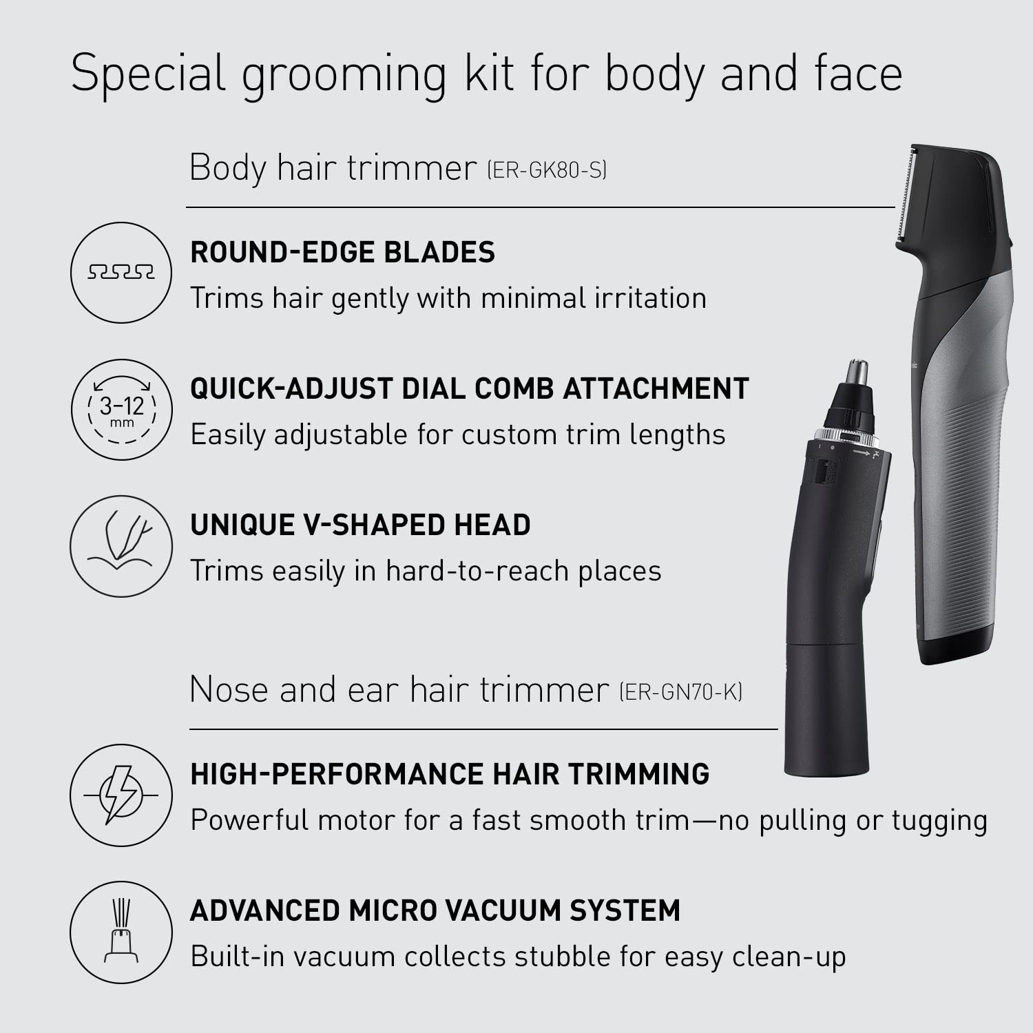 Panasonic Grooming Kit for Body and Face, ER-GK80-S + ER-GN70-K Bundle, Wet/Dry Electric Body Hair Trimmer Plus Ear and Nose Hair Trimmer with Vacuum Cleaning System