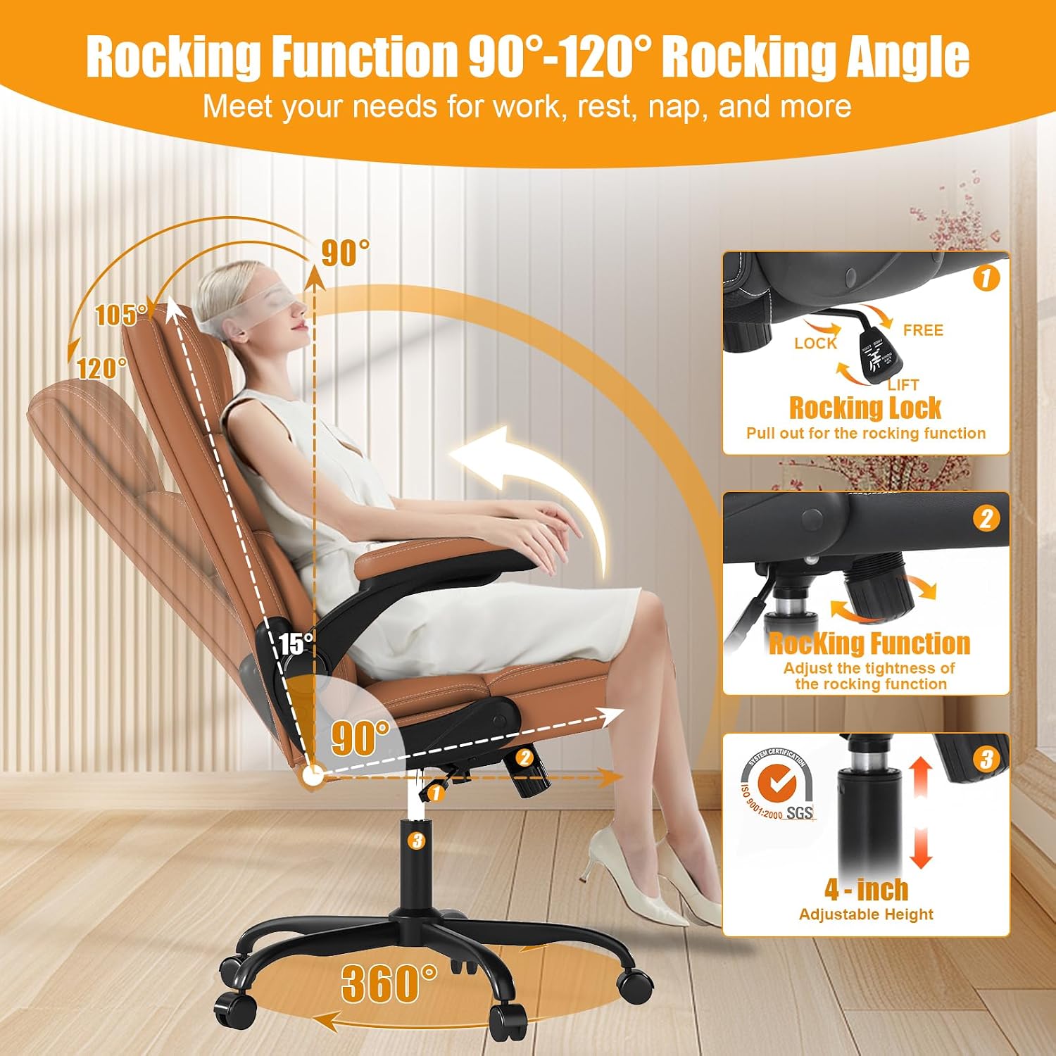 Executive Office Chair with Flip-up Armrests,Ergonomic Computer Desk Chairs,Mid-Tall Back Leather Office Chair 400 Lbs,Lumbar Support Swivel PC Chair with Rocking Function