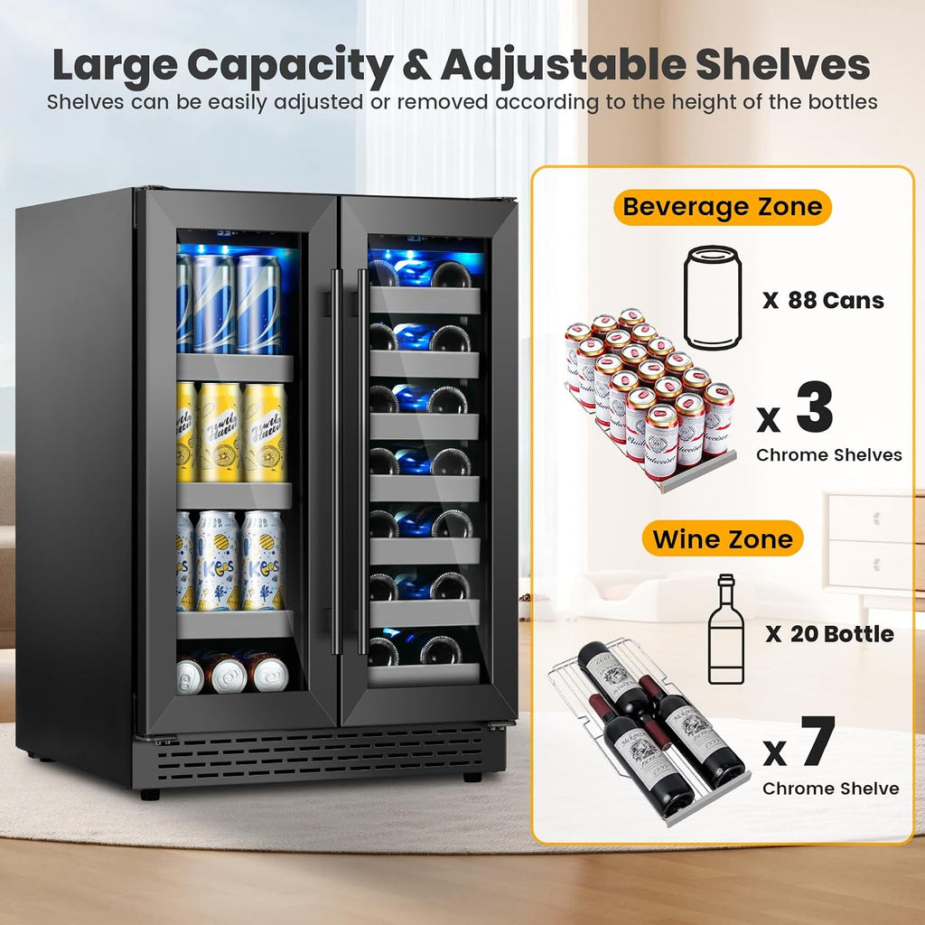 24 Inch Black Dual Zone Wine Fridge,20 Bottle & 88 Cans Wine and Beverage Refrigerator with Glass Door,Undercounter&Freestanding Stainless Steel Handle Wine Cooler Refrigerator for Home,Party