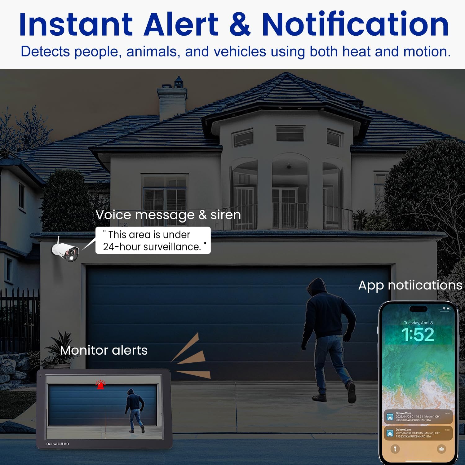 CasaCam Guardiancam Deluxe | 4-Channel Wireless Security Camera System with 10.1' Touchscreen Monitor & 2 1080p Cameras | Longer Range, Two-Way Audio, Free APP, 32GB SD Card Installed, VS5102A