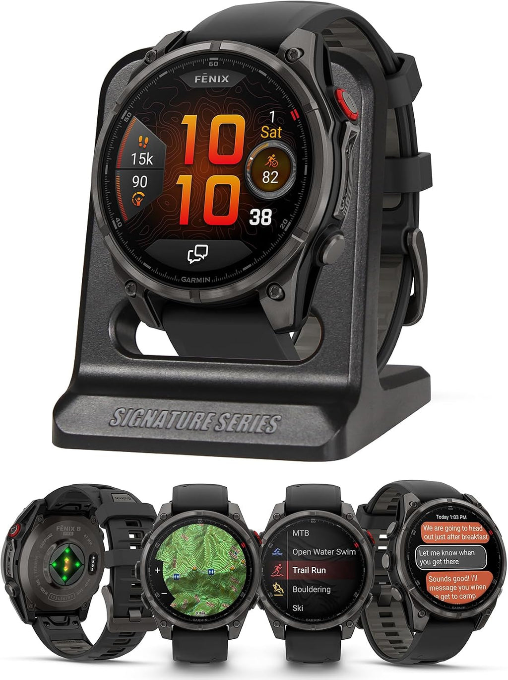 Garmin Fenix 8 Pro, 47mm, AMOLED Display, Premium Multisport GPS Smartwatch, inReach Technology for Emergency Survival, Health Tracking | Carbon Gray/Black, Signature Series Modern Power Stand