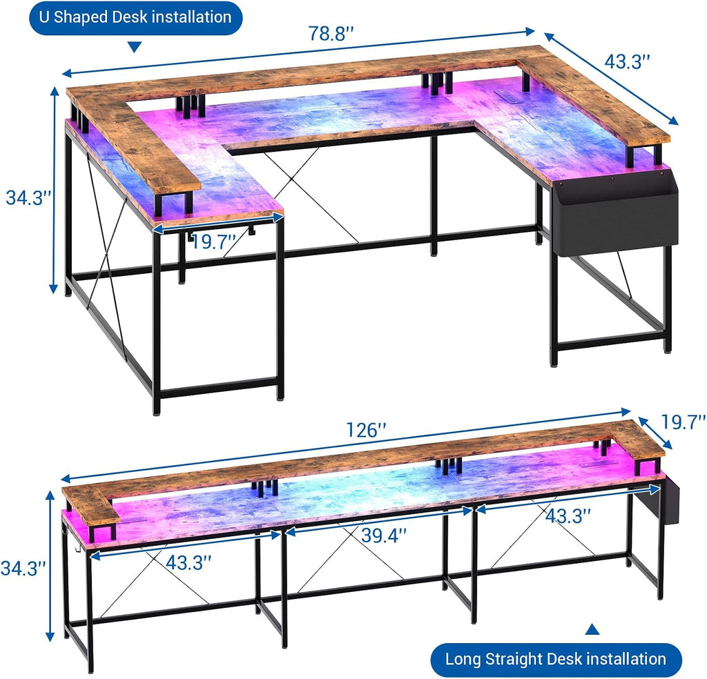 U Shaped Desk with Power Outlets, USB Ports & RGB LED Lights, 79 Inch Large Corner Computer Desk with Monitor Stand, Reversible Gaming Desk for Home Office, Ergonomic Workstation (Rustic Brown)