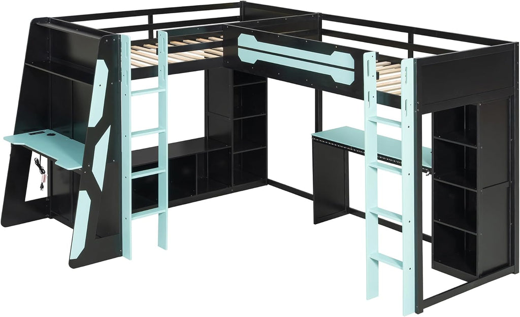 Merax Twin Size Gaming Loft Bed with Desk, TV Stand and Storage Shelves, Solid Wood Dual Twin Bed Frame with RGB LED Lights & USB Ports for Teens Bedroom, Space-Saving Design, Reversible Layout, Blue