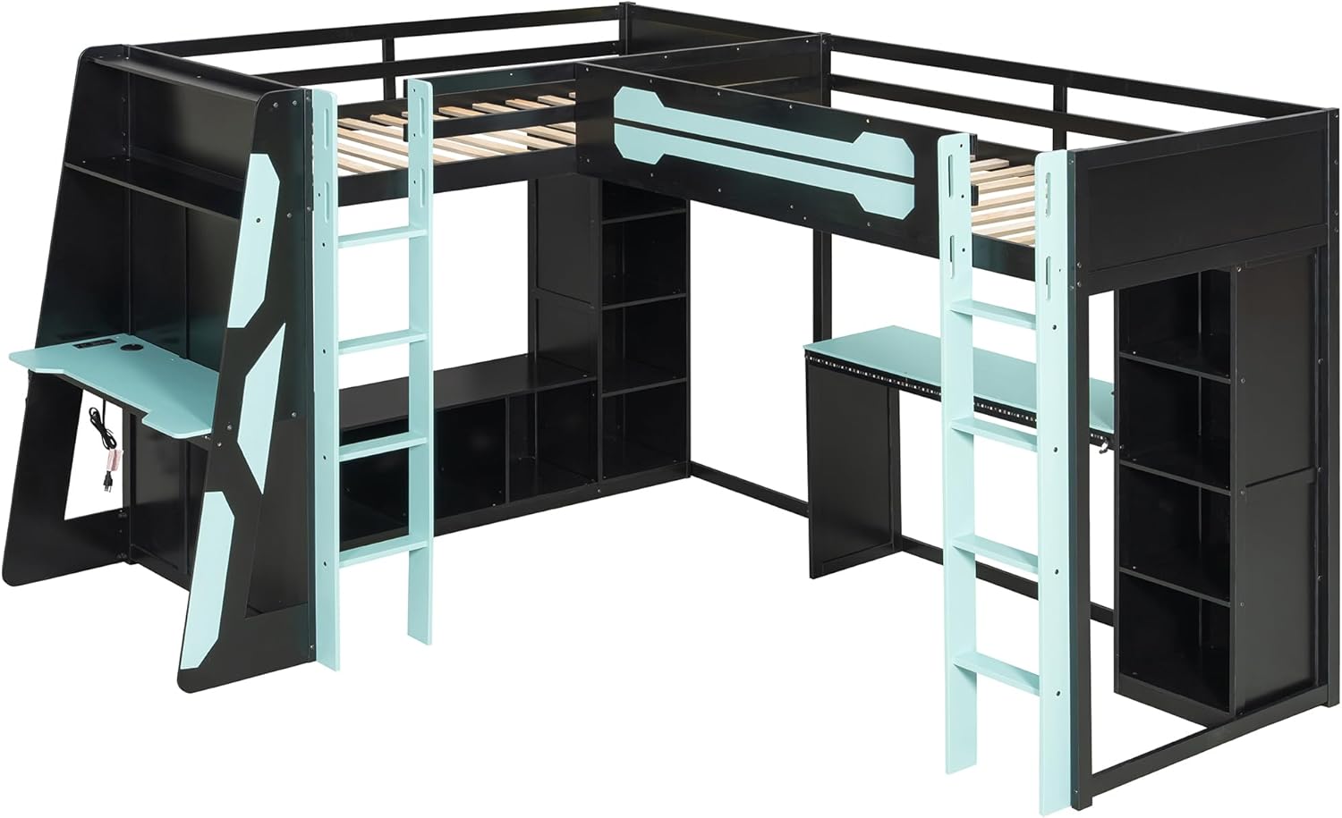 Merax Twin Size Gaming Loft Bed with Desk, TV Stand and Storage Shelves, Solid Wood Dual Twin Bed Frame with RGB LED Lights & USB Ports for Teens Bedroom, Space-Saving Design, Reversible Layout, Blue