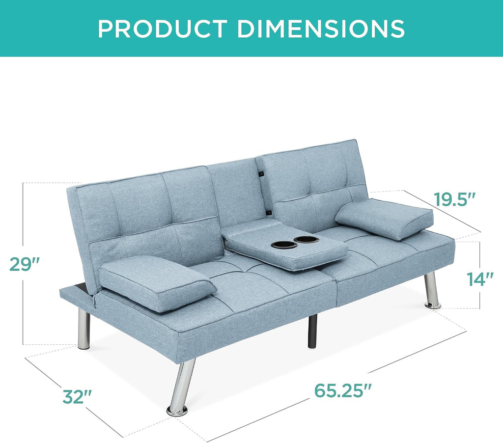 Best Choice Products Linen Modern Folding Futon, Reclining Sofa Bed for Apartment, Dorm w/Removable Armrests, 2 Cupholders - Light Blue