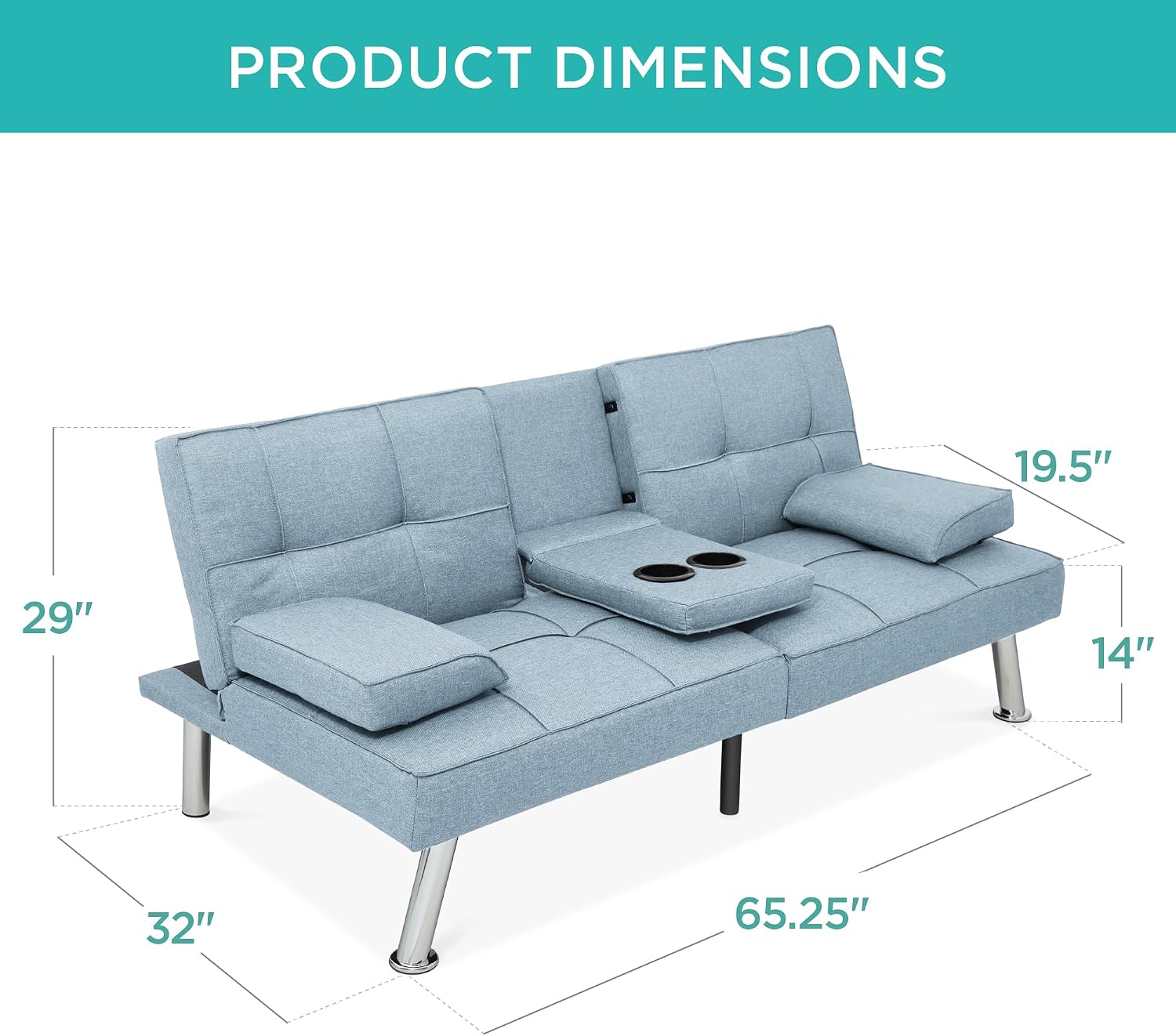 Best Choice Products Linen Modern Folding Futon, Reclining Sofa Bed for Apartment, Dorm w/Removable Armrests, 2 Cupholders - Light Blue