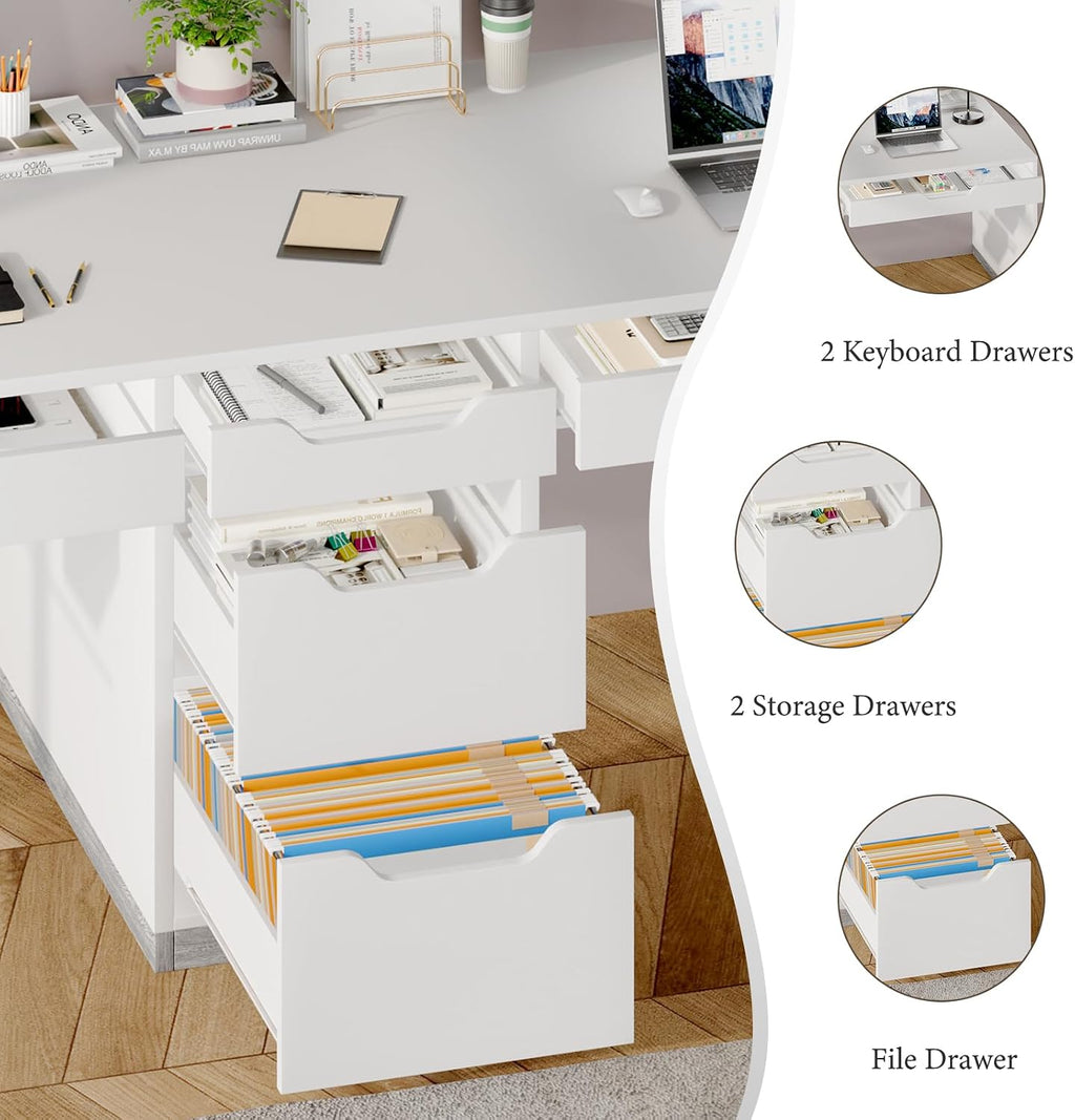 MaverickFurni Two Person Desk with 5 Drawers, Double Desk with Storage for 2 People, 78 Inch Extra Long White Desk Workstation with File Drawer for Home Office, White