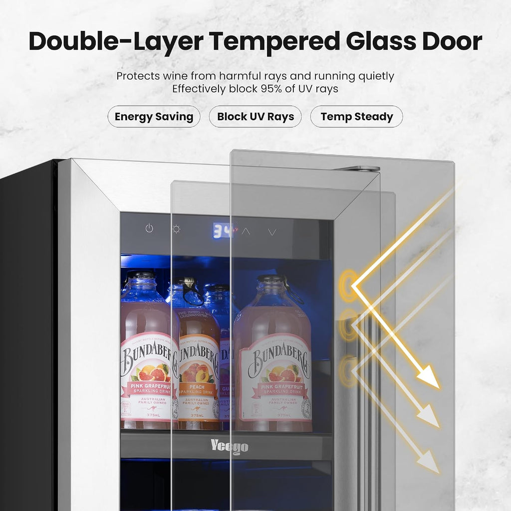 Yeego Beverage-Refrigerator, 12 Inch Beer Cooler Built-in or Freestanding,60 Cans Beverage Cooler with Glass Door, Mini-Fridge for Bottles and Cans Beer/Soda/Water/Wine (Left-Hinged)