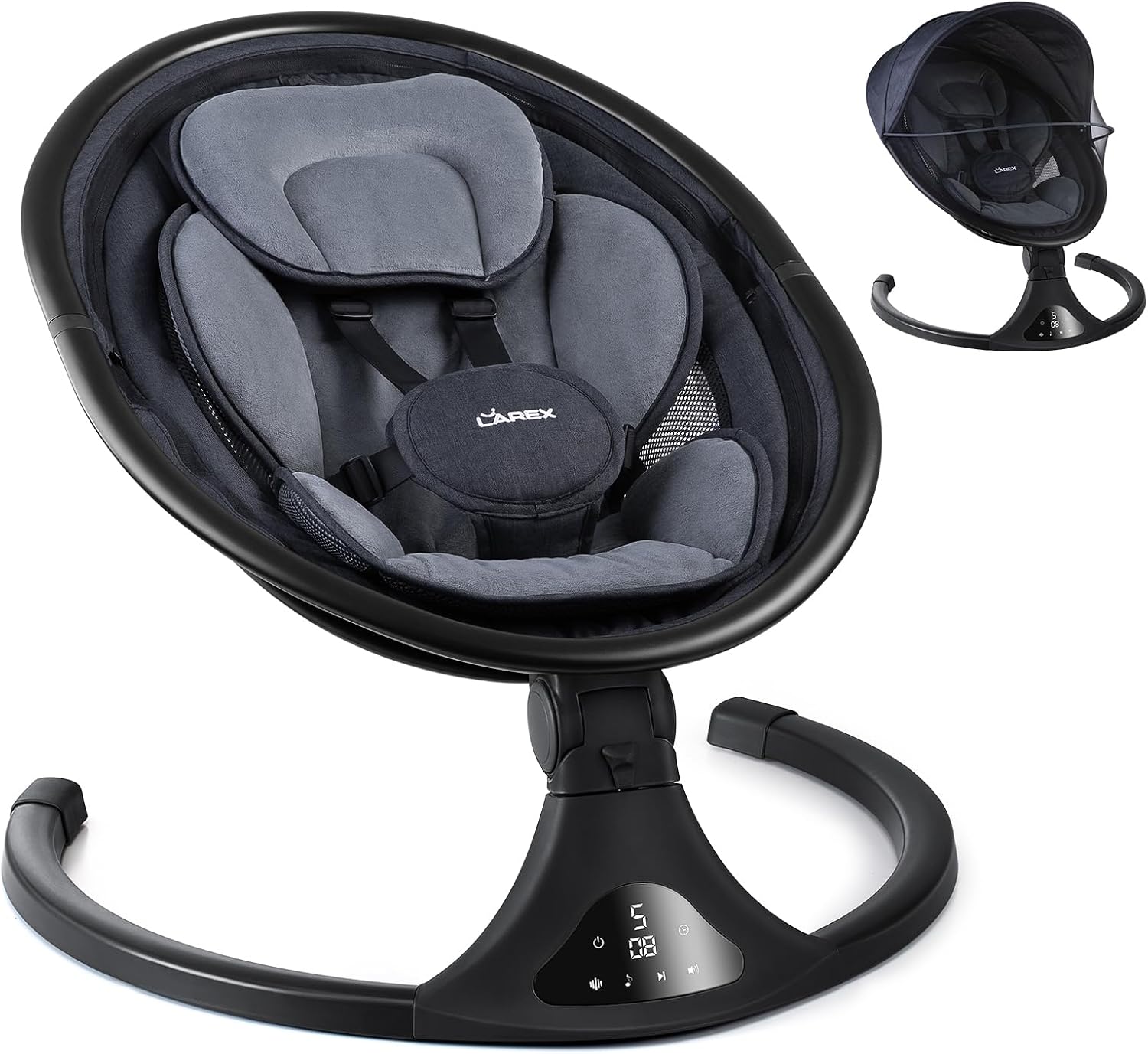 LAREX Baby Swing to Toddler Electric Infant Swing Portable for Newborn Boy Girl, 5 Sway Speeds with Remote Control, 12 Preset Melodies and Bluetooth, 0-6 Months Max 20 Lbs (Modern Black)