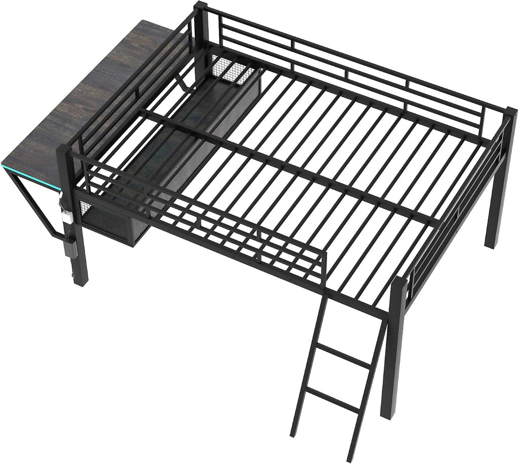 Linique Full Size Gaming Loft Bed with Desk, LED and Staircase, Metal Bed Frame with Vented Mesh Undercarriage Storage, Black