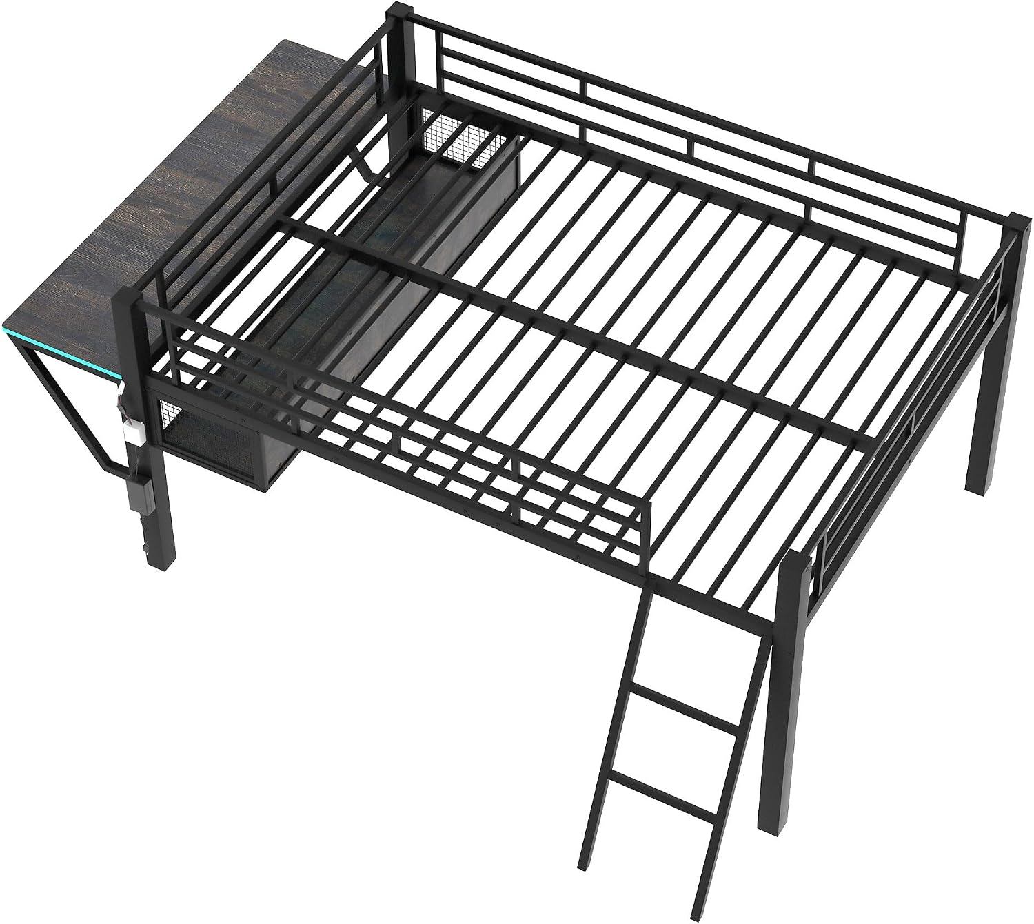 Linique Full Size Gaming Loft Bed with Desk, LED and Staircase, Metal Bed Frame with Vented Mesh Undercarriage Storage, Black