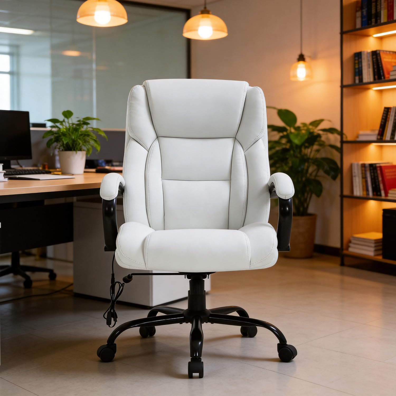 Office Chair Desk Chair Computer Chair with Lumbar Support Headrest Armrest Swivel Rolling PU Leather Task Big and Tall 500lb Wide Seat Massage Ergonomic Chair Adjustable for Adults Women(Cream)