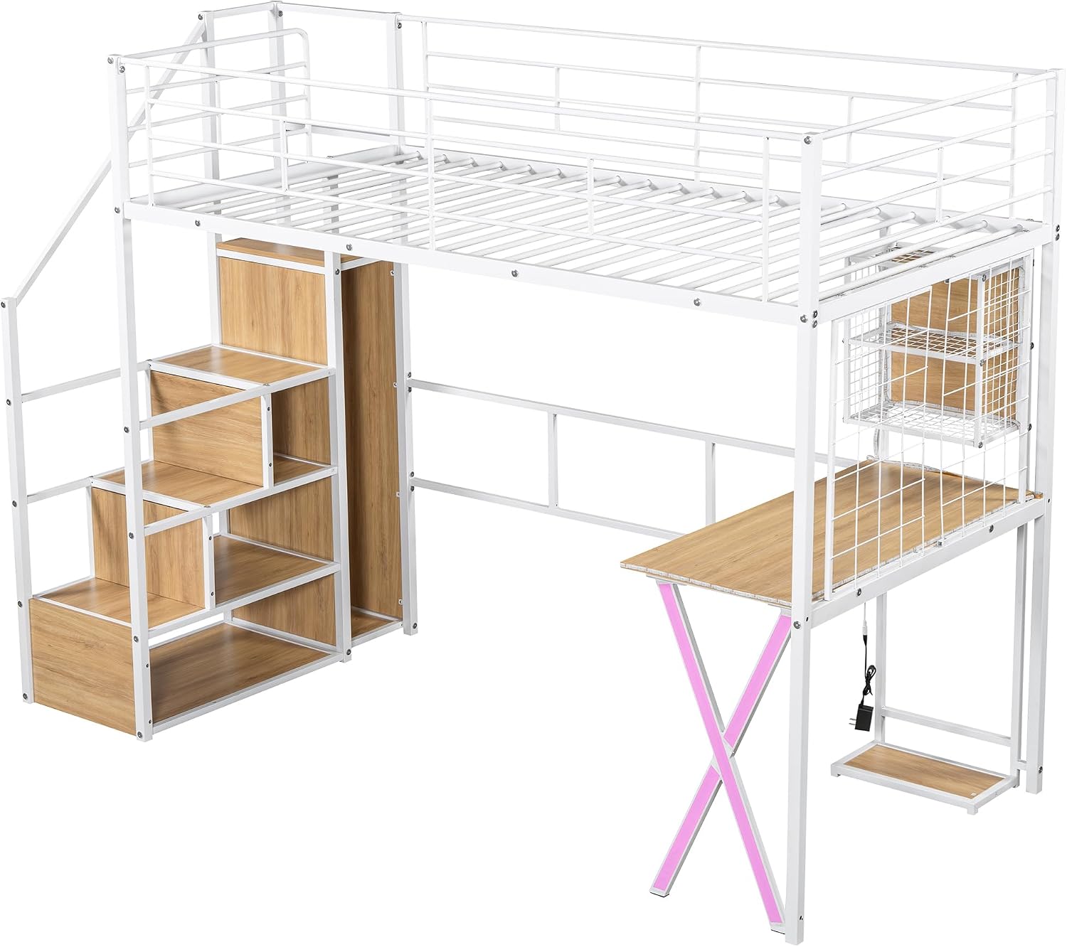 Harper & Bright Designs Twin Size Loft Bed with Storage Staircase, Work Station, Wardrobe and LED, Metal Loft Bed Twin Size for Kids Teens Adults,White