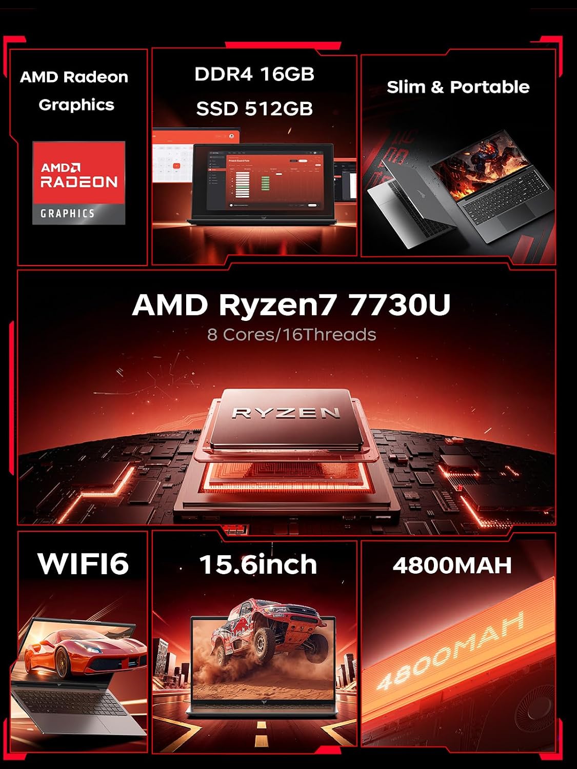 2026 Light Gaming Laptop with AMD Ryzen7 7730U Processor（Up to 4.5GHz,8C/16T),16GB DDR4 RAM 512GB SSD, AMD Radeon Graphics,WiFi 6,15.6 inch IPS Display,Windows 11 Laptop Computer for Video Editing