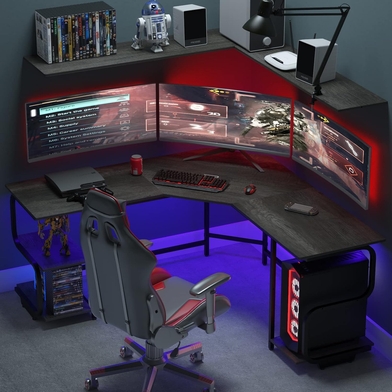 Teraves Modern L Shaped Desk with Shelves,64.84' Gaming Computer Desk for Home Office,Corner Desk with Desktop (Black Oak+Black Frame, Large+4 Tier Shelves)