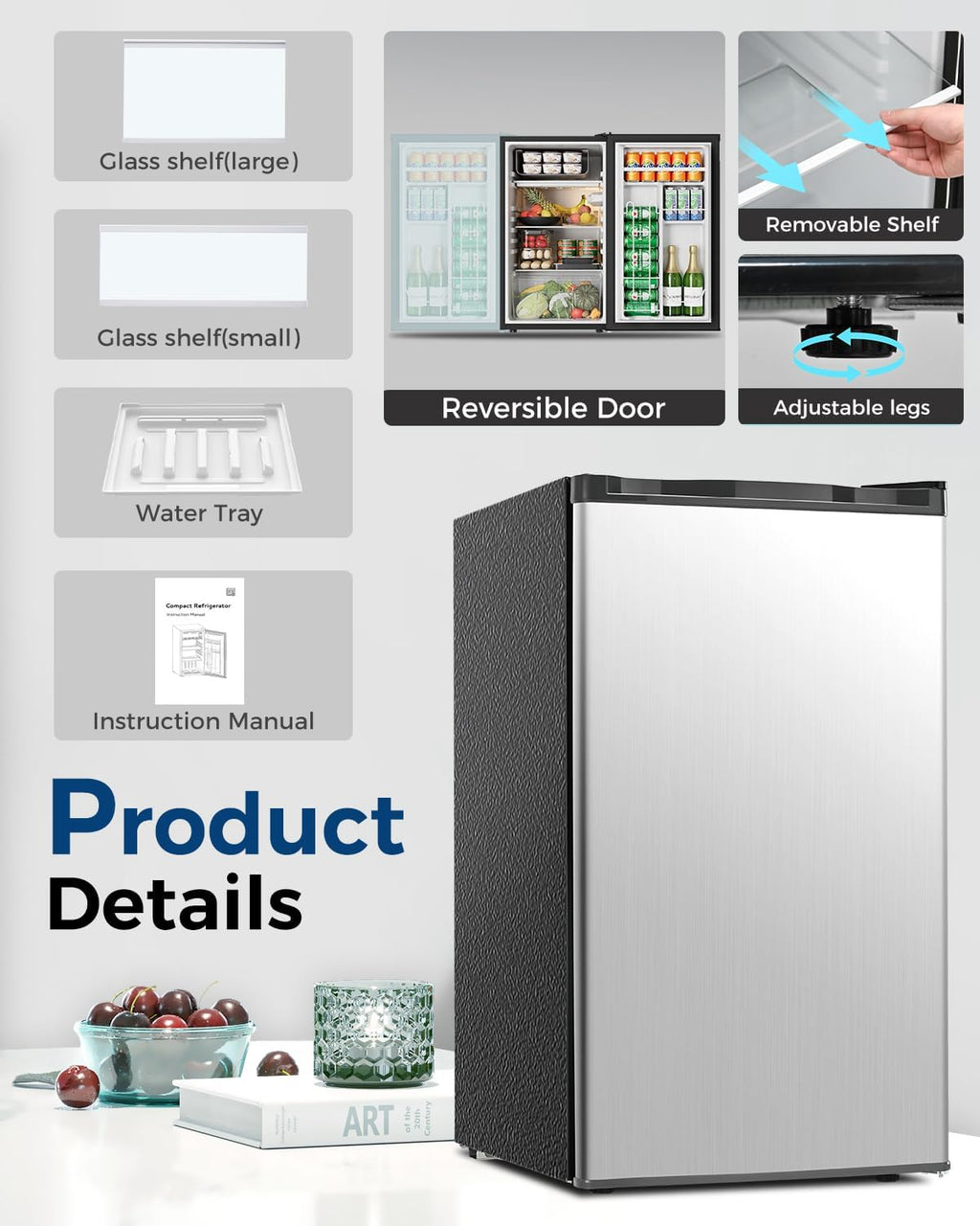 Feelfunn Mini Fridge with Freezer - 3.2 Cu.Ft Single Door Mini Refrigerator with Adjustable Thermostat, Energy Saving, Low Noise, Small Fridge for Bedroom, Office, Dorm, Apartment, Classroom - Silver