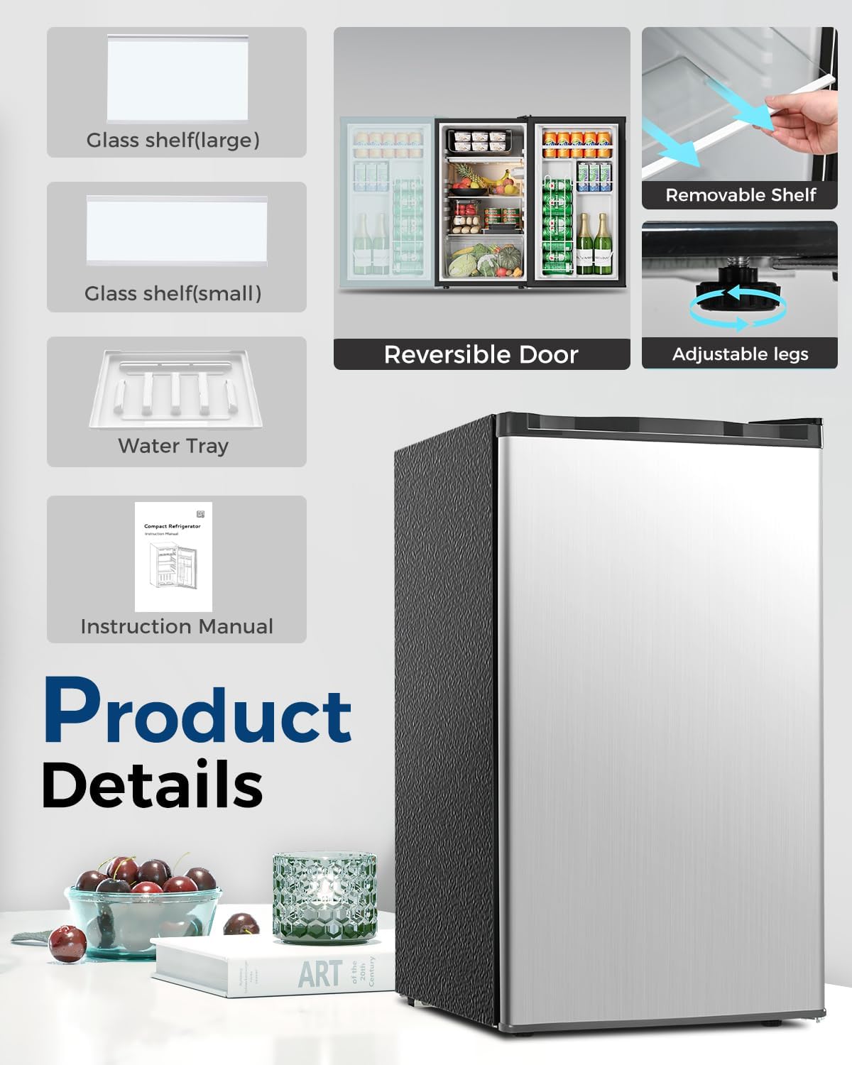 Feelfunn Mini Fridge with Freezer - 3.2 Cu.Ft Single Door Mini Refrigerator with Adjustable Thermostat, Energy Saving, Low Noise, Small Fridge for Bedroom, Office, Dorm, Apartment, Classroom - Silver
