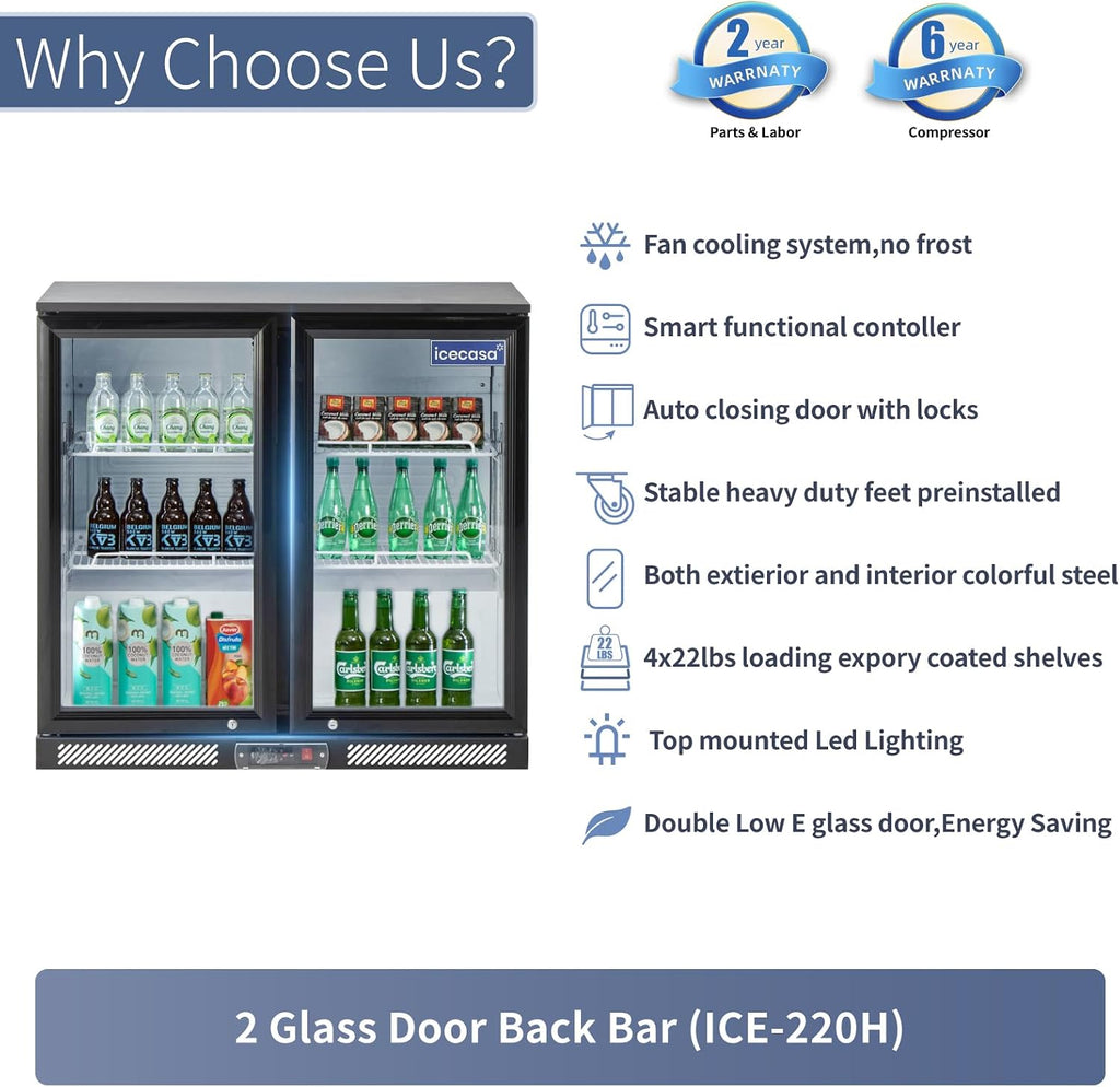 ICECASA 36' W Beverage Refrigerators 2 Glass Door Back Bar Refrigerator Commericial Undercounter cooler Wine Merchandiser 7.8 Cu.ft for Soda Beer