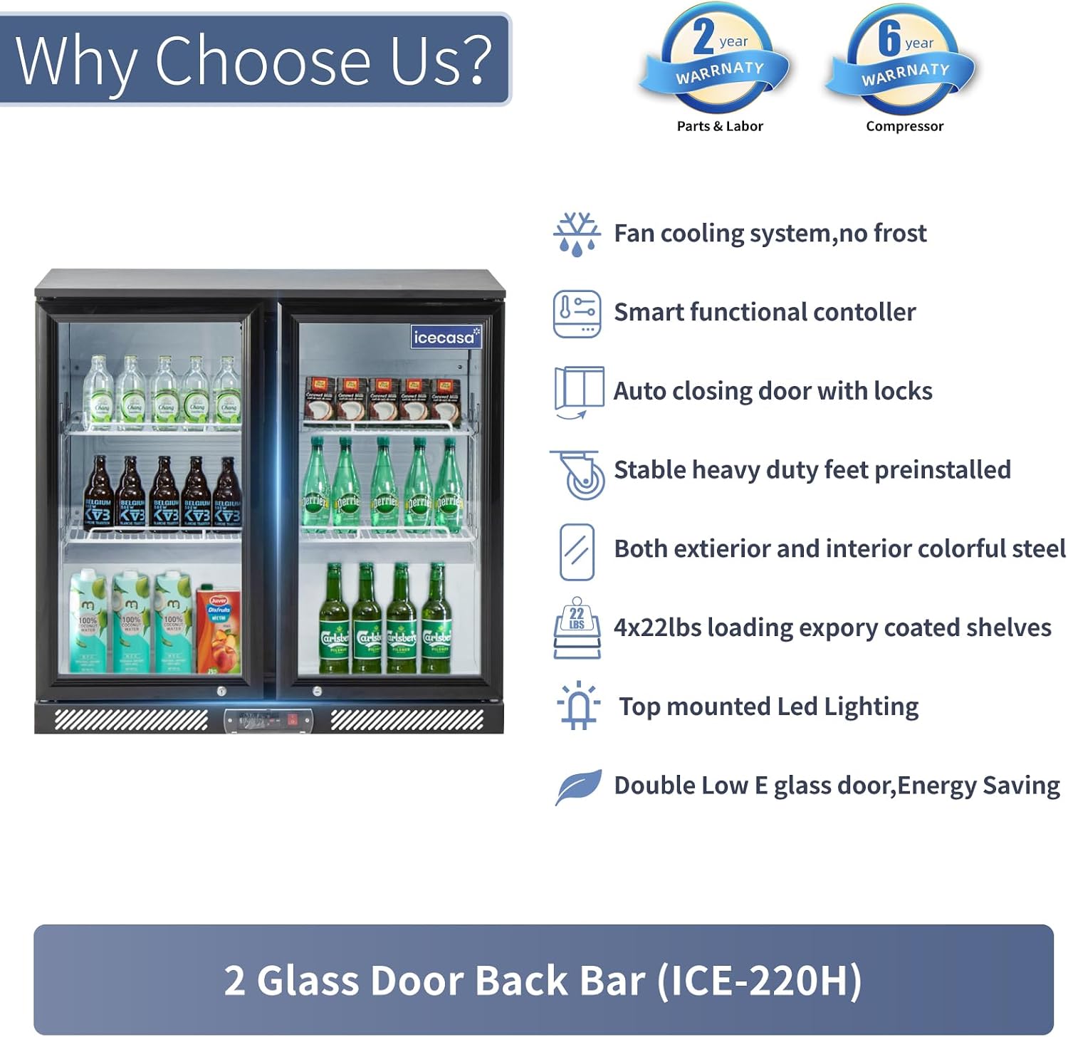 ICECASA 36' W Beverage Refrigerators 2 Glass Door Back Bar Refrigerator Commericial Undercounter cooler Wine Merchandiser 7.8 Cu.ft for Soda Beer