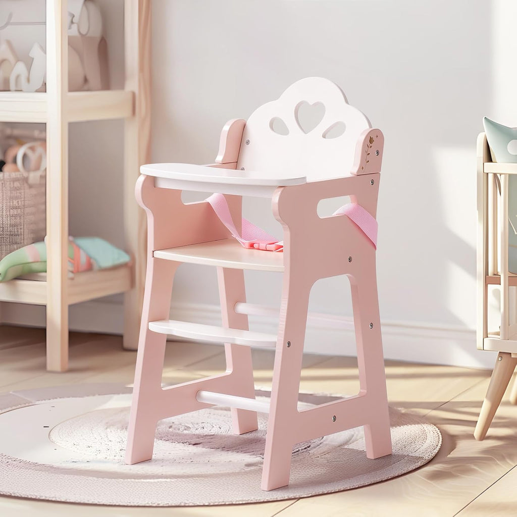 ROBOTIME 4-in-1 Wooden Baby Doll Furniture Set - Includes Doll Crib with Storage, High Chair, Rocking Bassinet, and Stackable Bunk Bed - Fits Dolls up to 21 Inches - Pretend Play Gift for Girls Ages 3